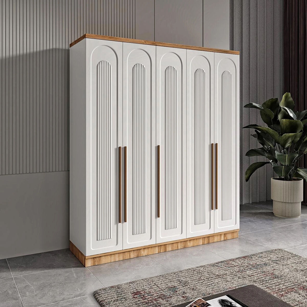 Ücretsiz Montaj - 100% MDF Flora 5 Kapaklı Beyaz Gardırop - MDF Dolap - Elbise Dolabı