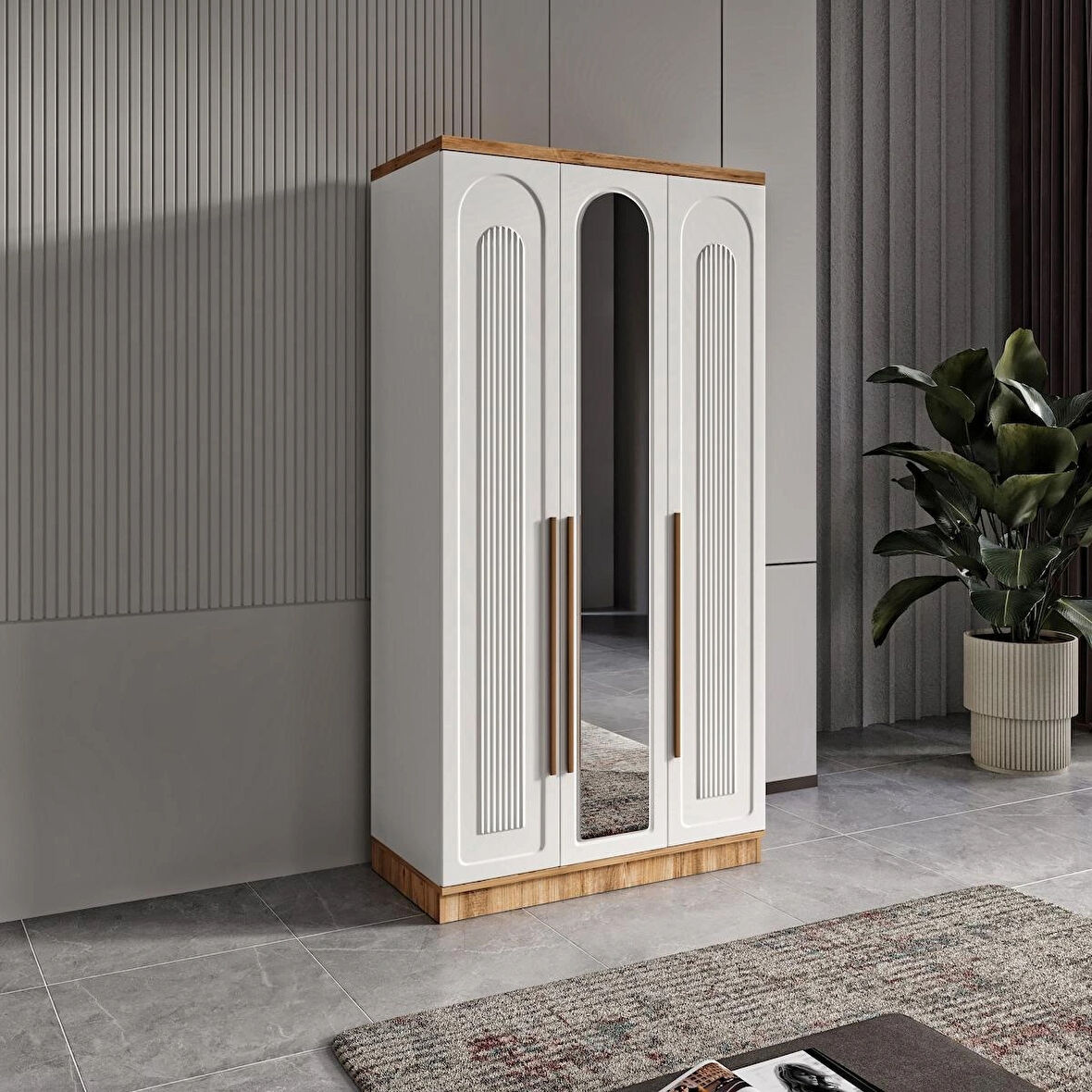 Ücretsiz Montaj - 100% MDF Flora 3 Kapaklı - Aynalı Beyaz Gardırop - MDF Dolap - Elbise Dolabı