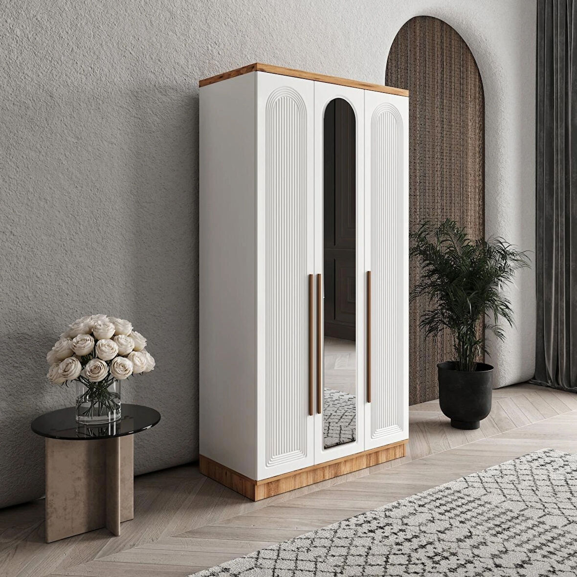 Ücretsiz Montaj - 100% MDF Rosa 3 Kapaklı - Aynalı Beyaz Gardırop - MDF Dolap - Elbise Dolabı