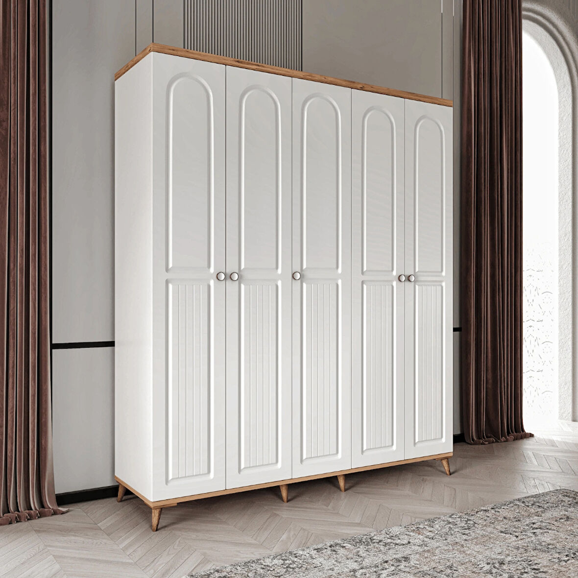 Ücretsiz Montaj - 100% MDF Bohem 5Kapaklı Beyaz Gardırop -MDF  Dolap - Elbise Dolabı