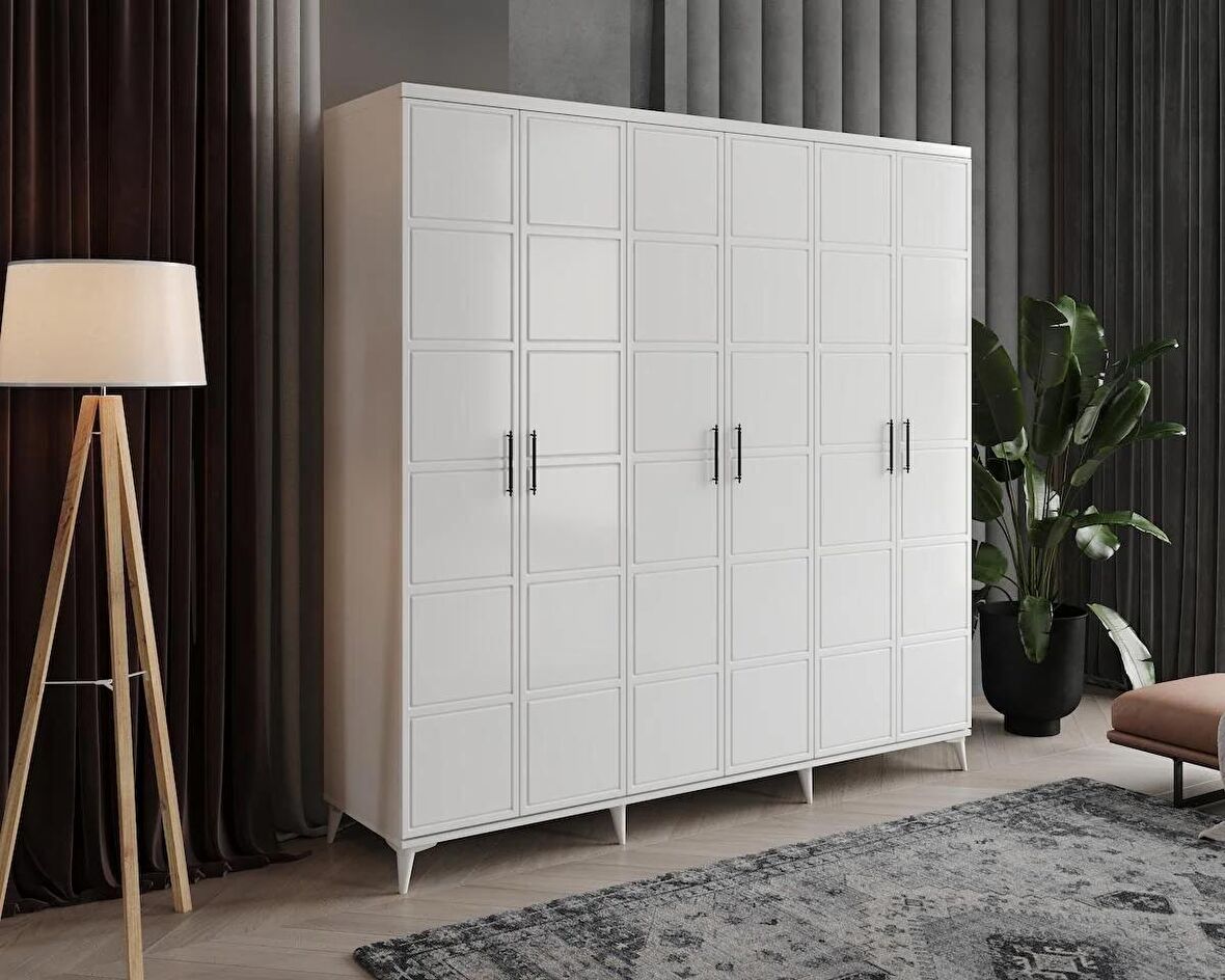 Ücretsiz Montaj - 100% MDF Milano 6 Kapaklı Beyaz Gardırop - MDF Dolap - Elbise Dolabı