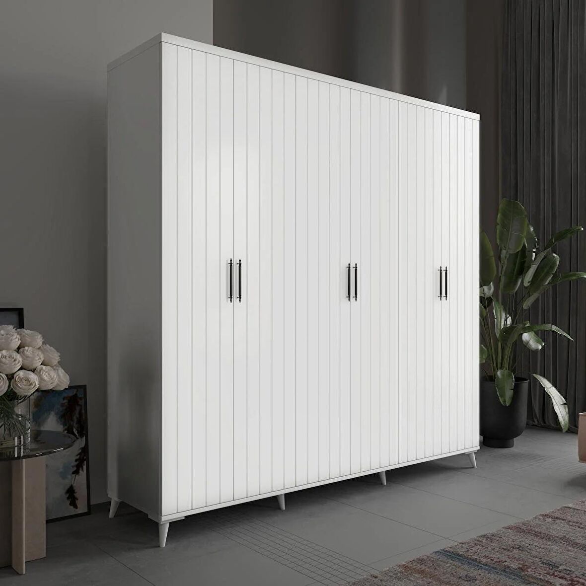 Ücretsiz Montaj - 100% MDF Odesa 6 Kapaklı Beyaz Gardırop MDF Dolap - Elbise Dolabı