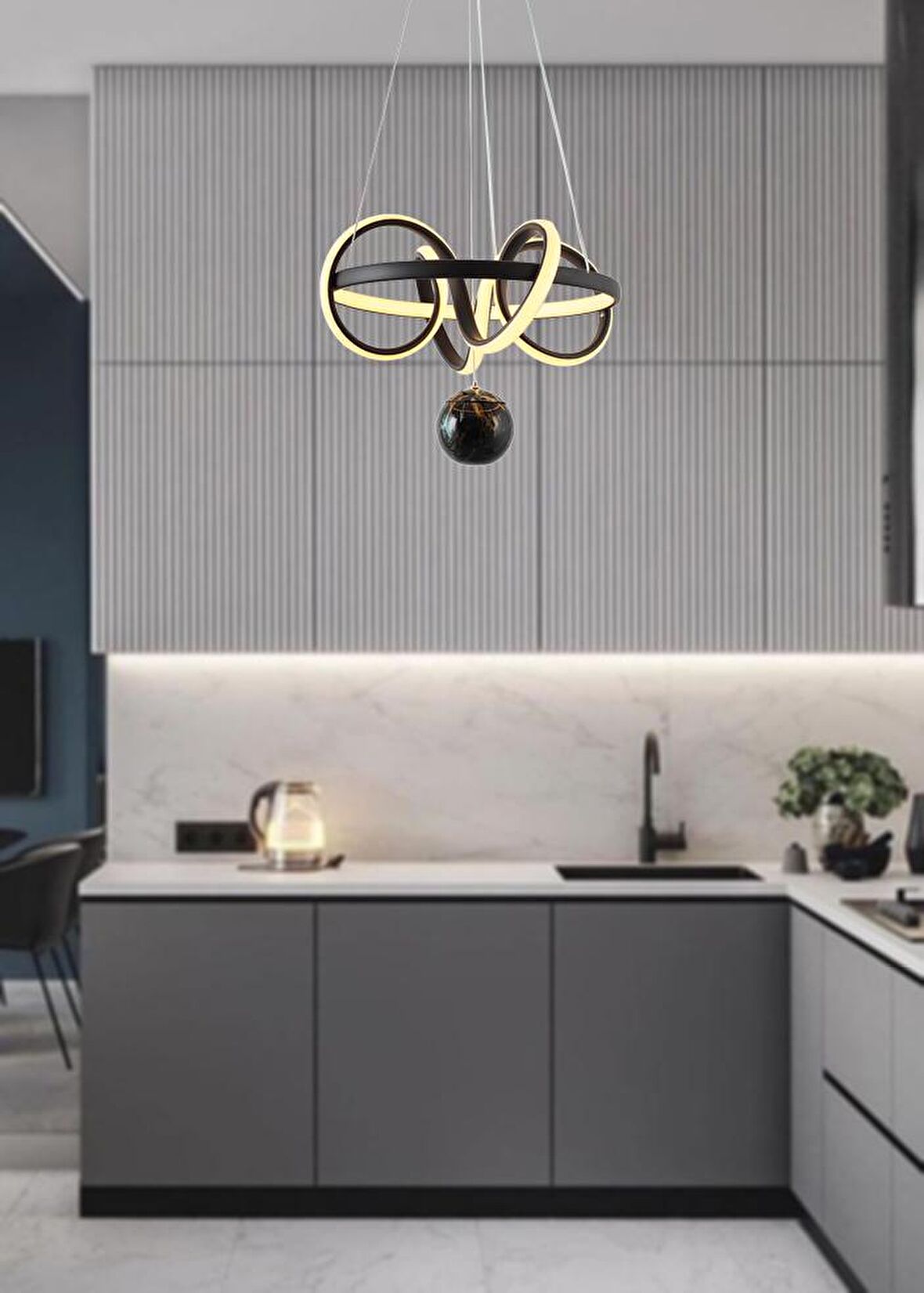 TT003TPL-SY TT Aydınlatma Sarmal Modeli Mat Siyah ( Gün Işığı Led ) Mermer Desen Toplu Led Avize