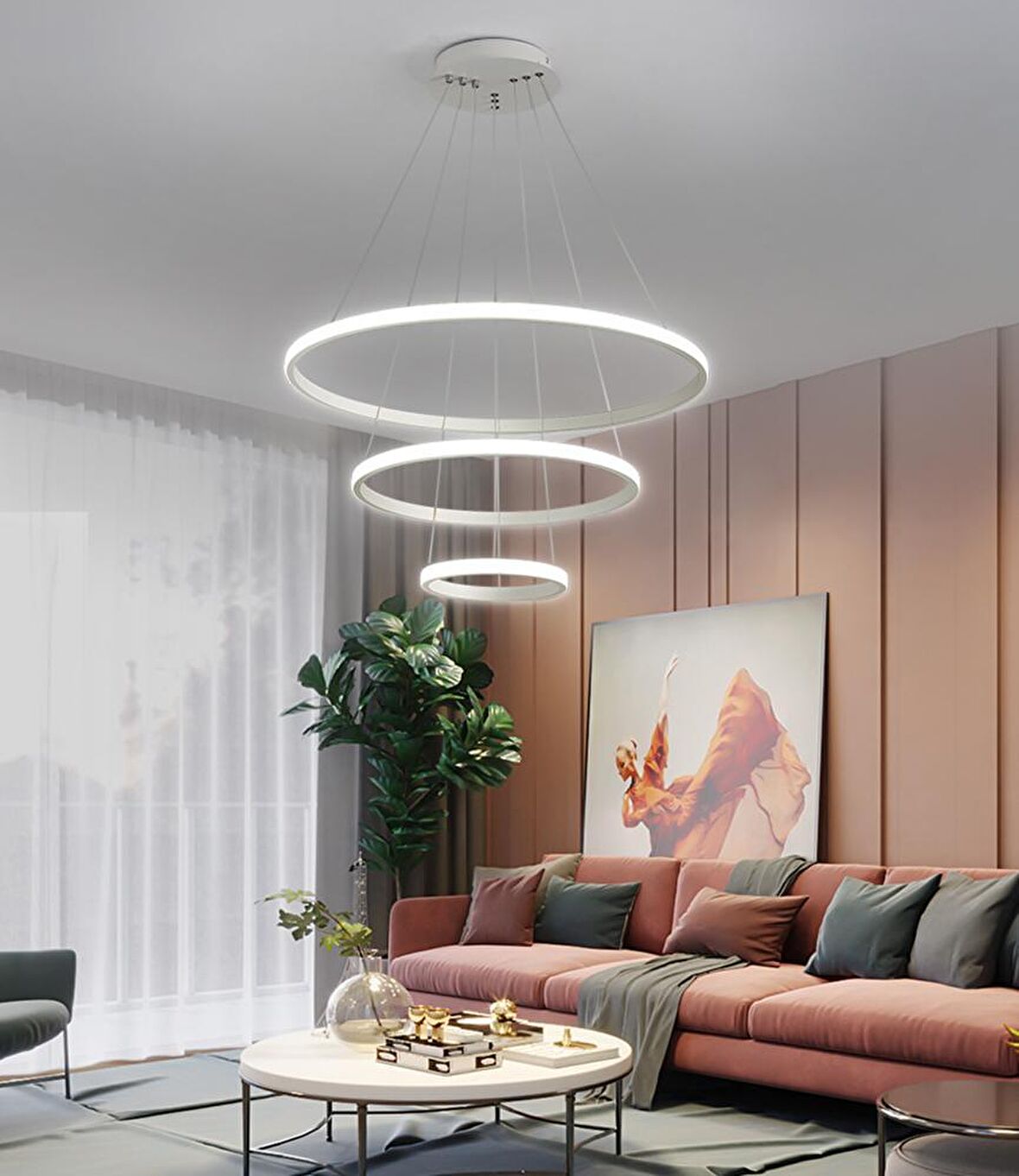 TT300-3 BY TT Aydınlatma Halka 3 lü Mat Beyaz ( Sarı Işık ) Led Avize