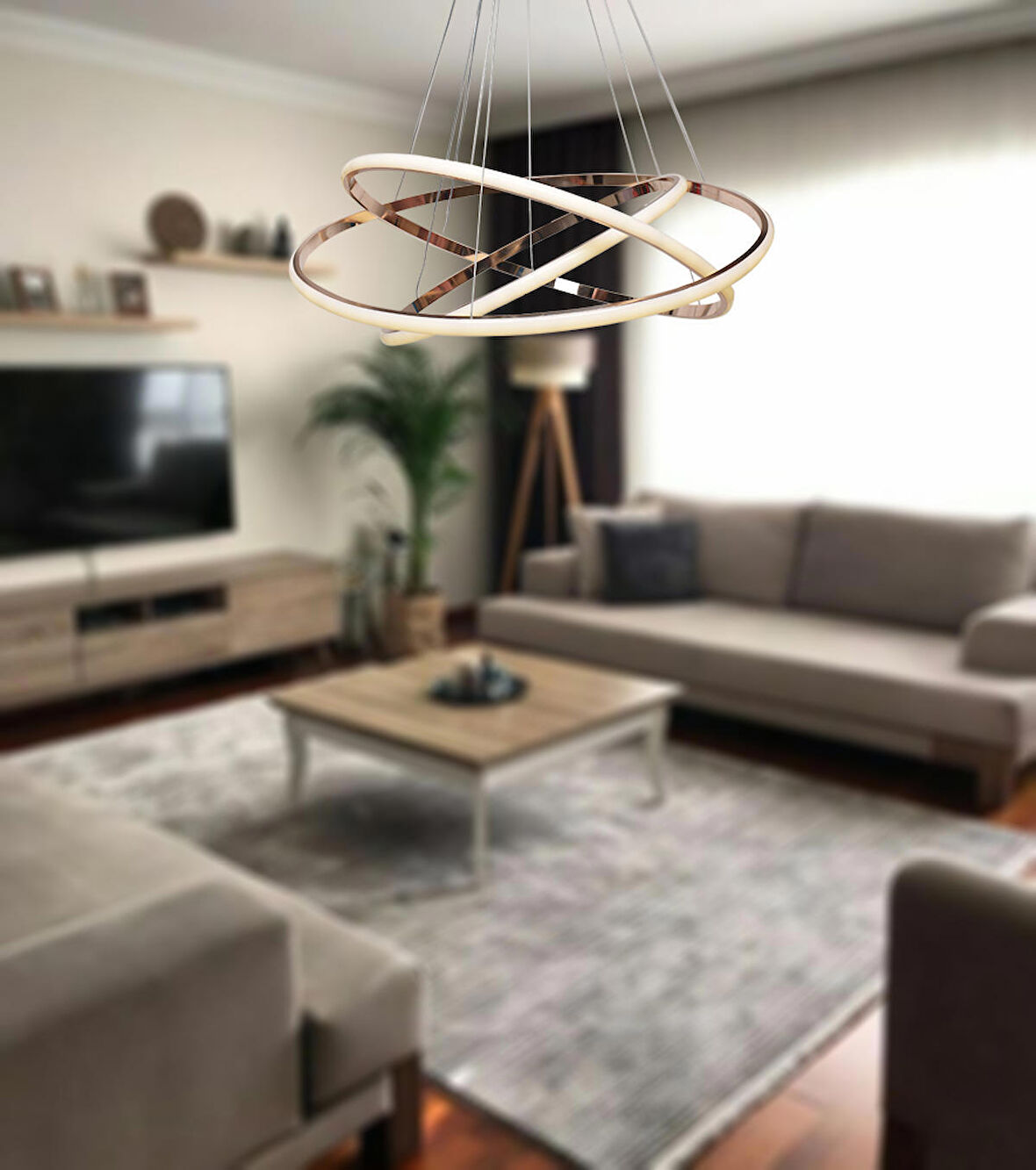 TT300-3 FSR TT Aydınlatma Halka 3 lü Fransız Sarısı Kaplama ( 3 Renk Modüllü ) Led Avize