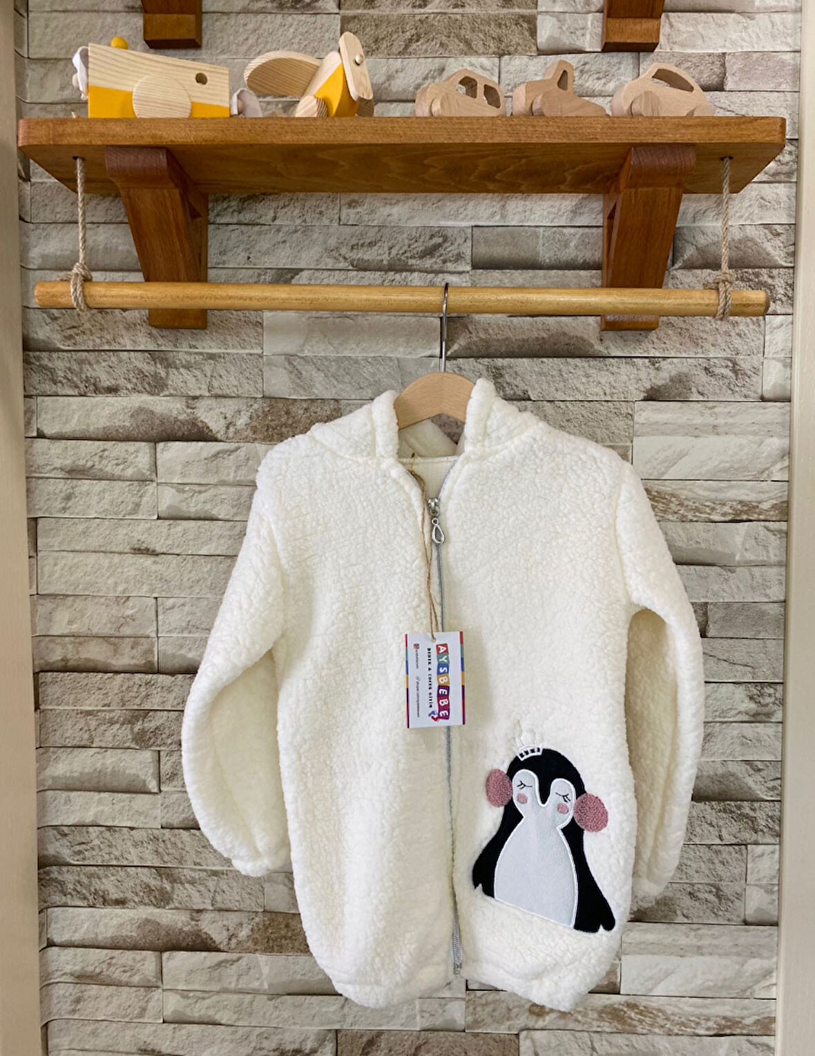 AYSBEBE Kız Çocuk Penguen Nakışlı Welsoft Hırka Kapşonlu