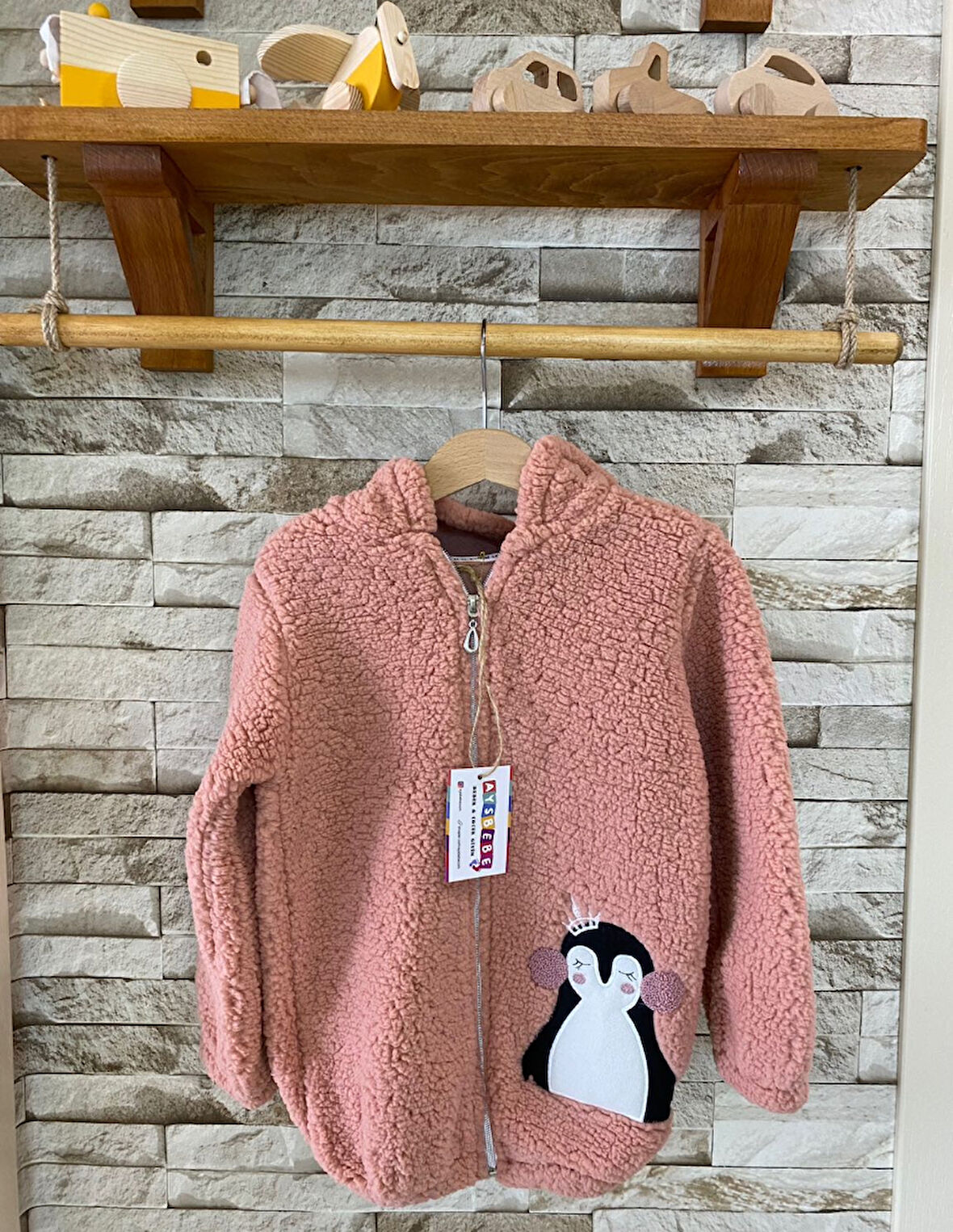 AYSBEBE Kız Çocuk Penguen Nakışlı Welsoft Hırka Kapşonlu