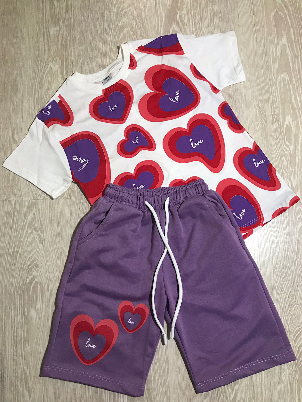 AYSBEBE Kalp Desenli Kız Çocuk Yazlık Takım