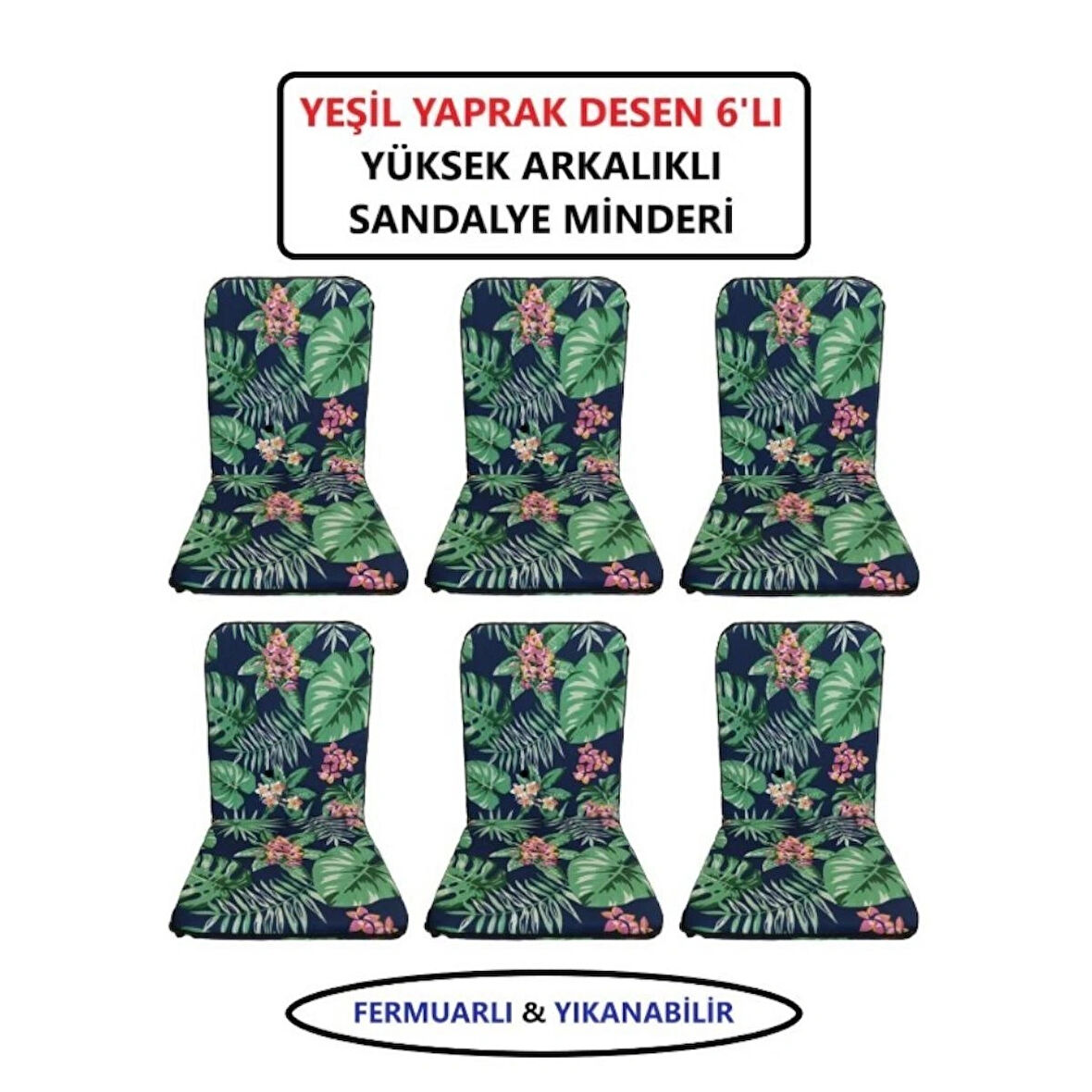 LÜKS ARKALIKLI SANDALYE MİNDERİ 6LI 4CM SÜNGERLİ YEŞİL YAPRAK DESEN