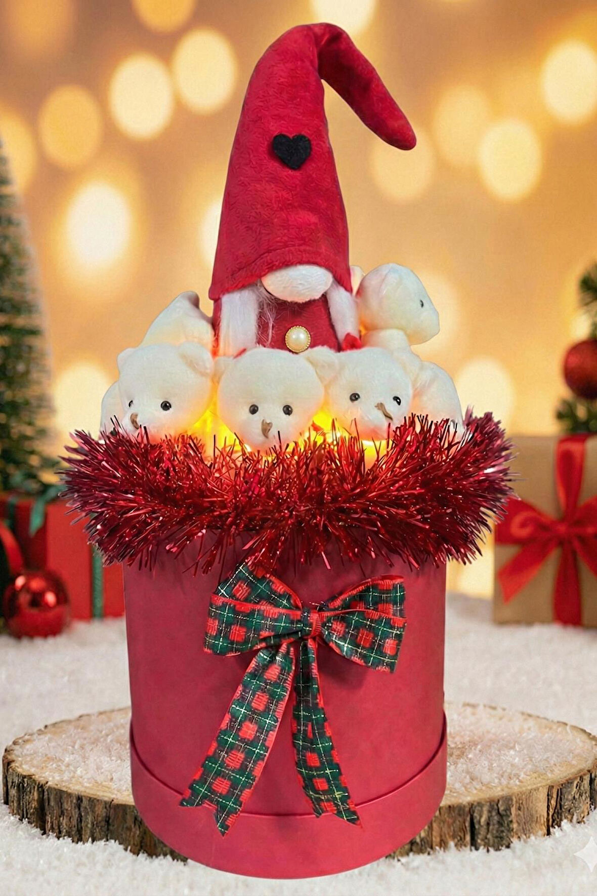 Deluxe 360° Dolu 14 Ayısıyla, Noel ELF Cüce Figürlü Çift LED ışıklı, Özel Konsept Noel Ayıcık Buketi