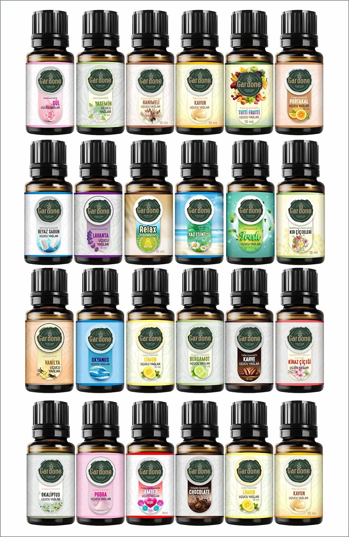 24'lü Set Uçucu Yağ, Buhurdanlık Yağı, Doğal Uçucu Yağlar, Oda Kokusu, Aromaterapi 10ml