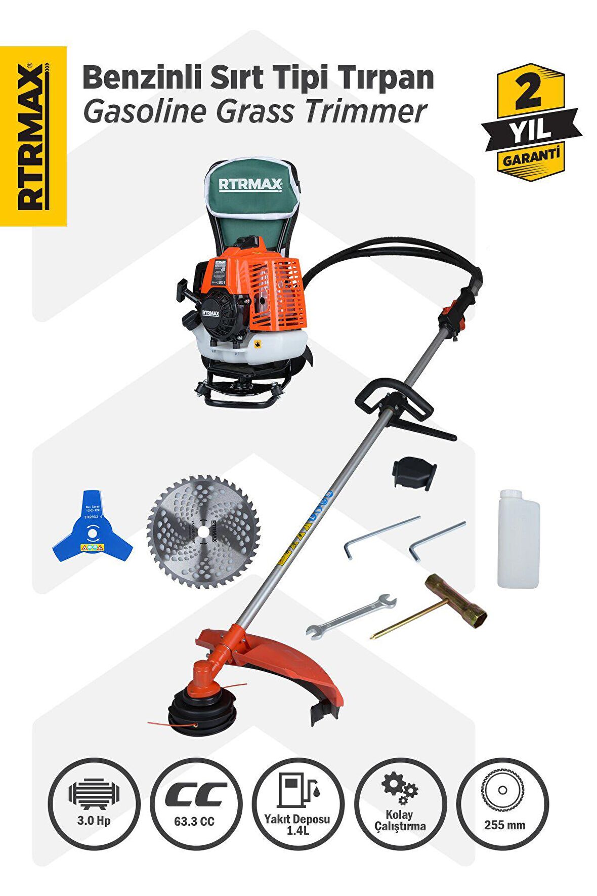 RTM9640 Benzinli Sırt Tipi Tırpan 63Cc 3.0Hp (Tırpan Bıçağı,Misina Başlığı,Tırpan Testeresi Hediye)