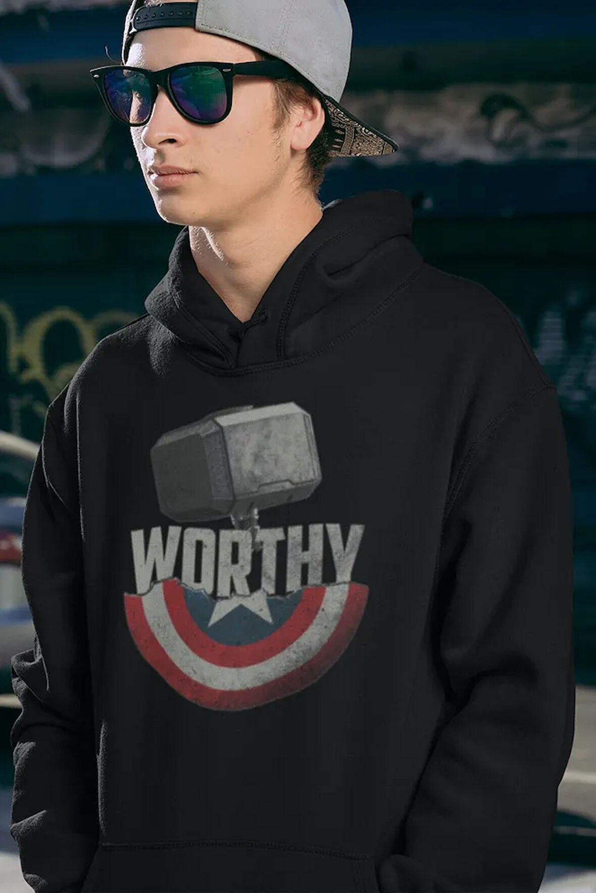 Worthy Thor x Kaptan Amerika Tasarım Baskılı Unisex Oversize Hoodie