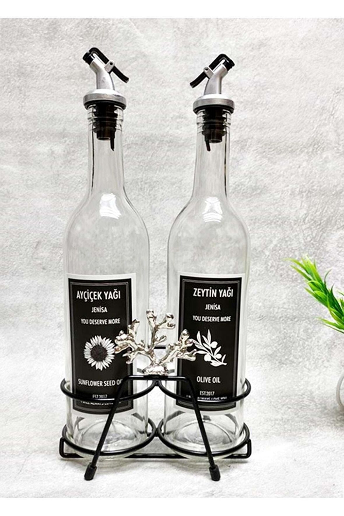 Gümüş Mercan Kısa Stant 2 Adet Şeffaf 750 Ml Etiketli Akıtıcılı Yağdanlık Yağlık