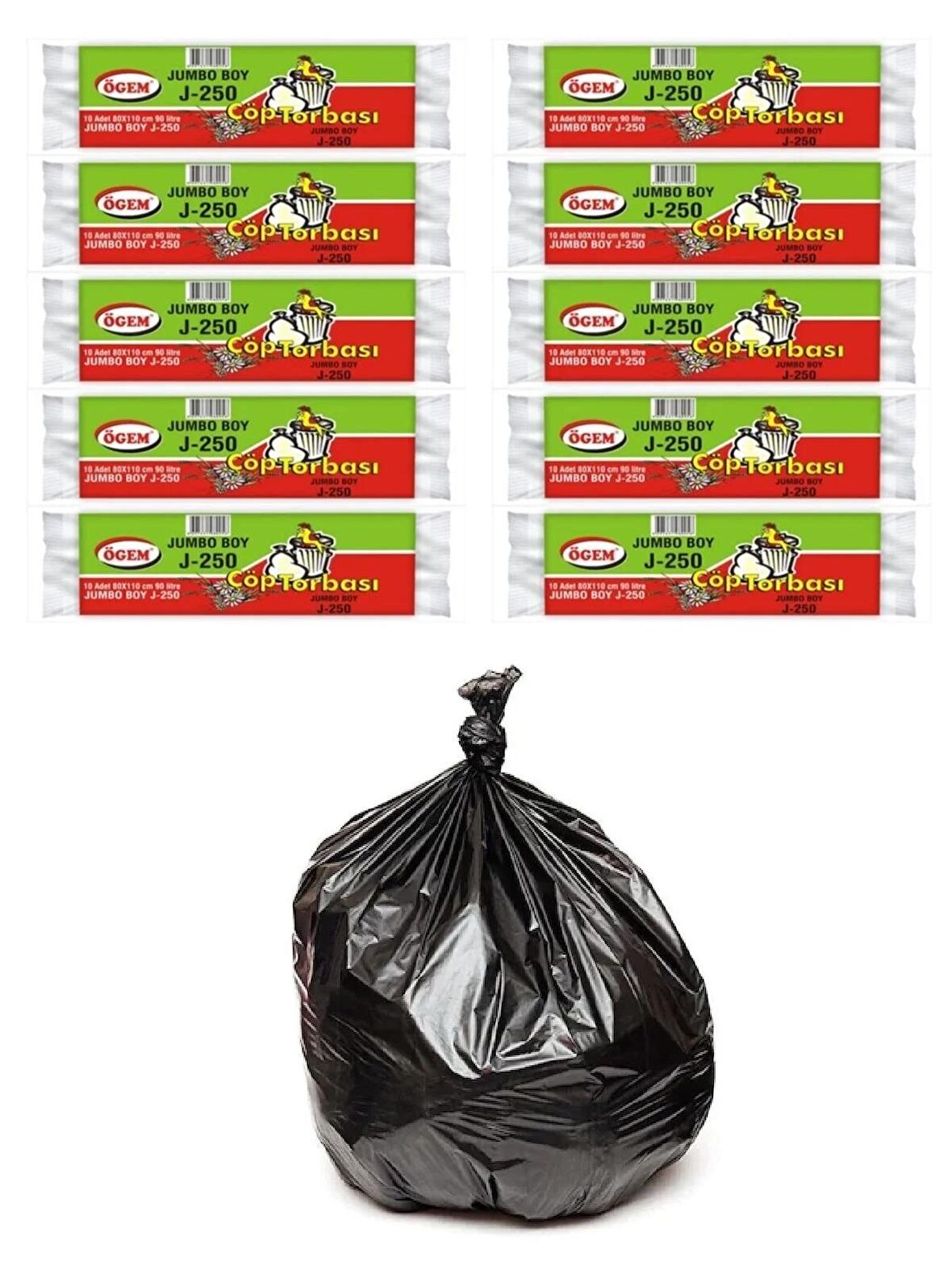 Ögem J-250 Jumbo Boy Çöp Poşeti 80x110 Cm 10'lu Rulo 10 Paket Siyah