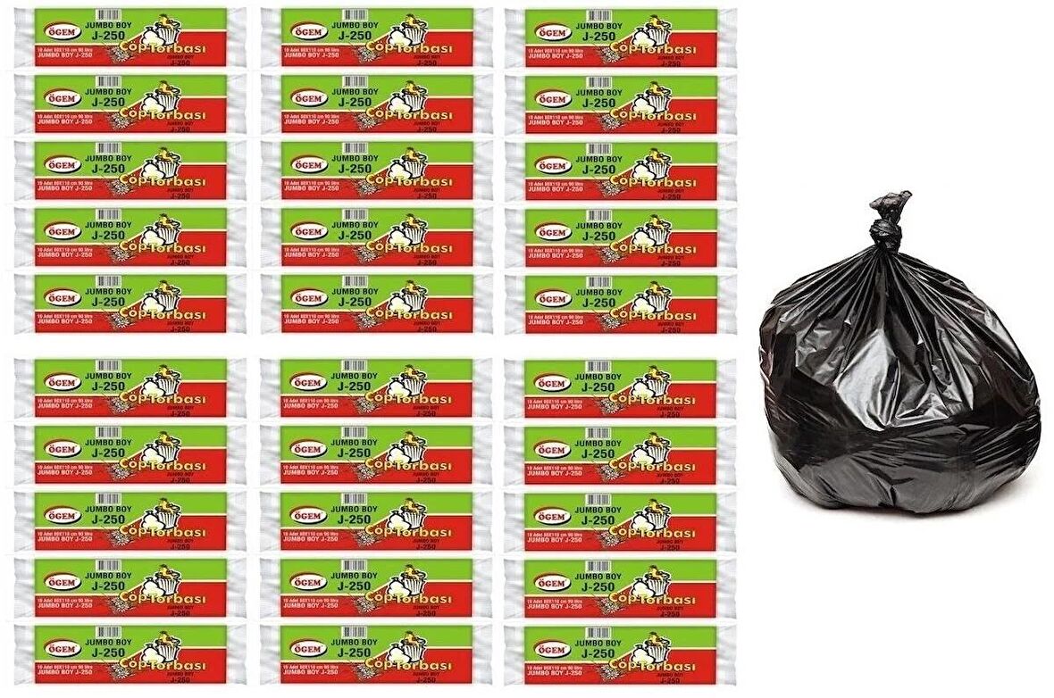 Ögem J-250 Jumbo Boy Çöp Poşeti 80x110 Cm 10'lu Rulo 30 Paket Siyah