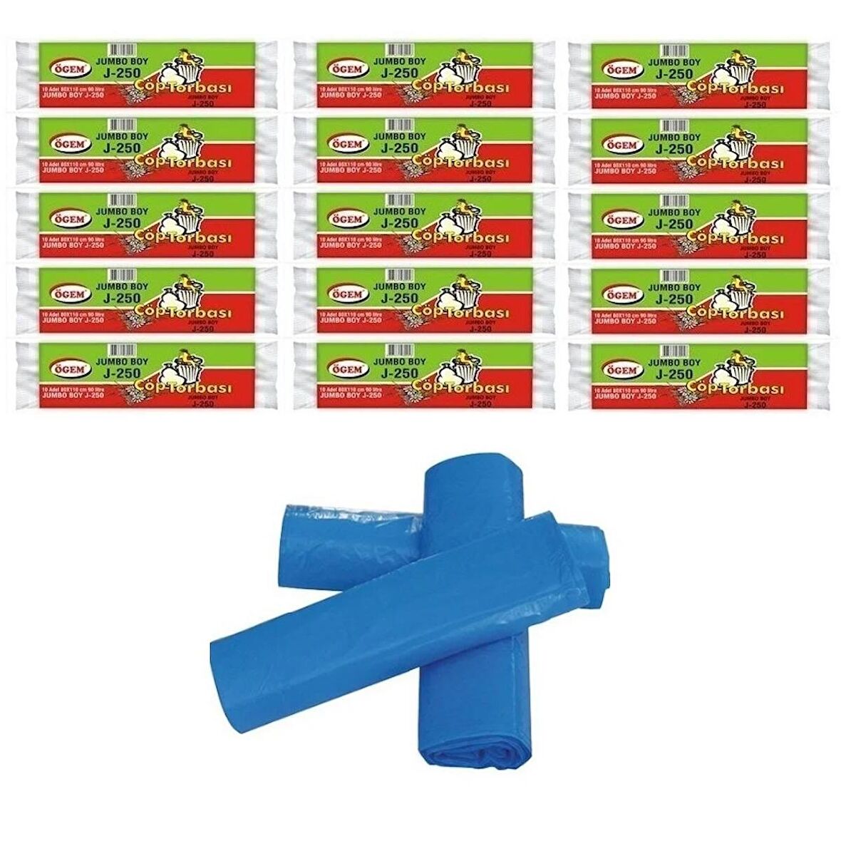 Ögem J-250 Jumbo Boy Çöp Poşeti 80x110 Cm 10'lu Rulo 15 Paket Mavi