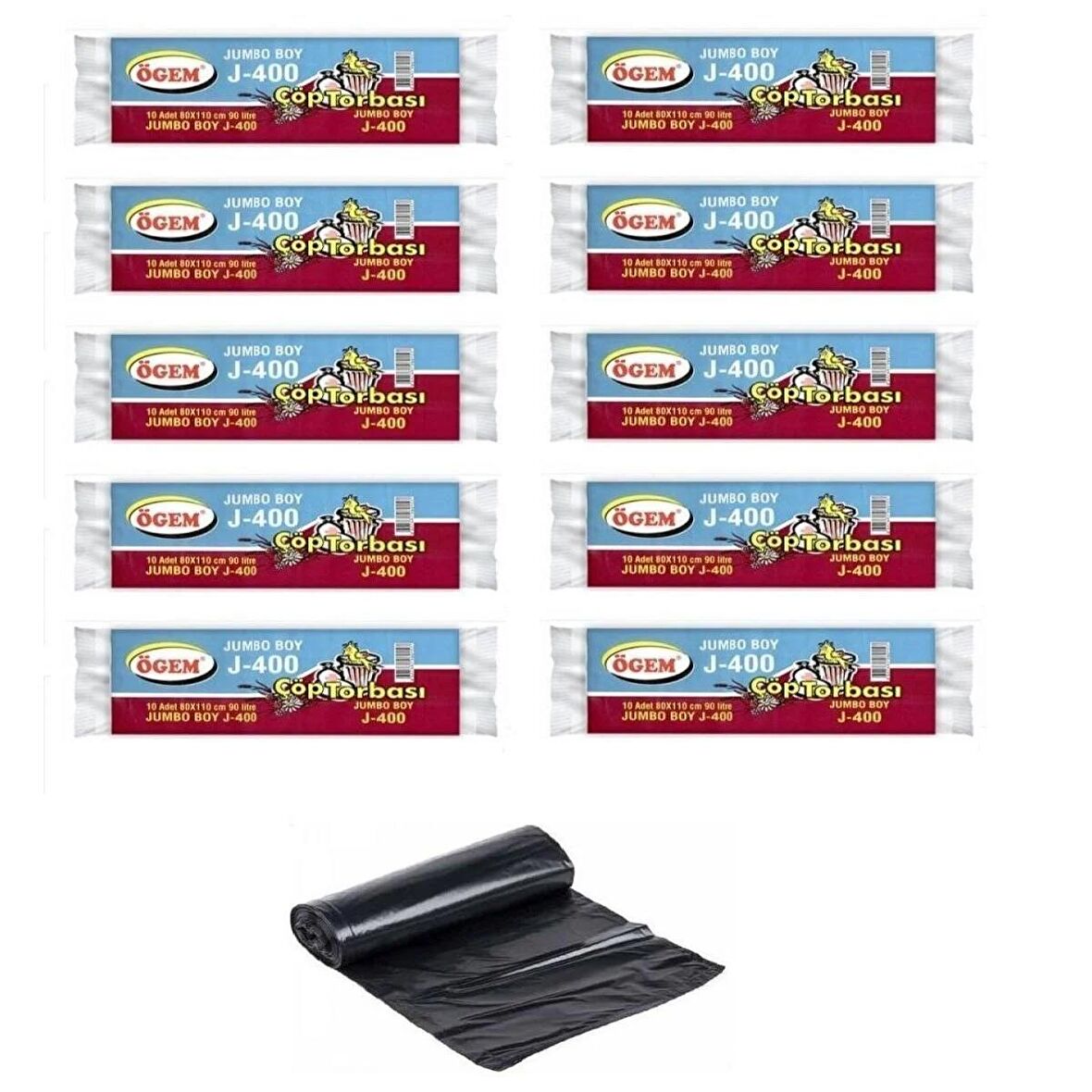 Ögem J-400 Jumbo Boy Çöp Poşeti 80x110 Cm 10'lu Rulo 10 Paket Siyah