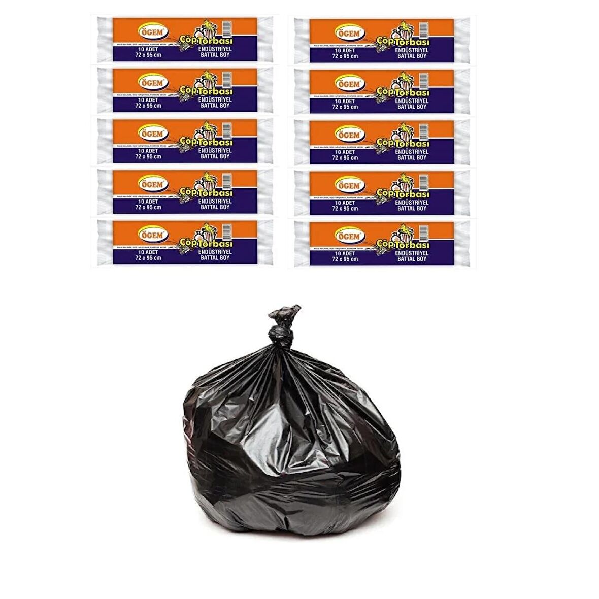 Ögem Endüstriyel Battal Boy Çöp Poşeti 72x95 Cm 10'lu Rulo 10 Paket Siyah