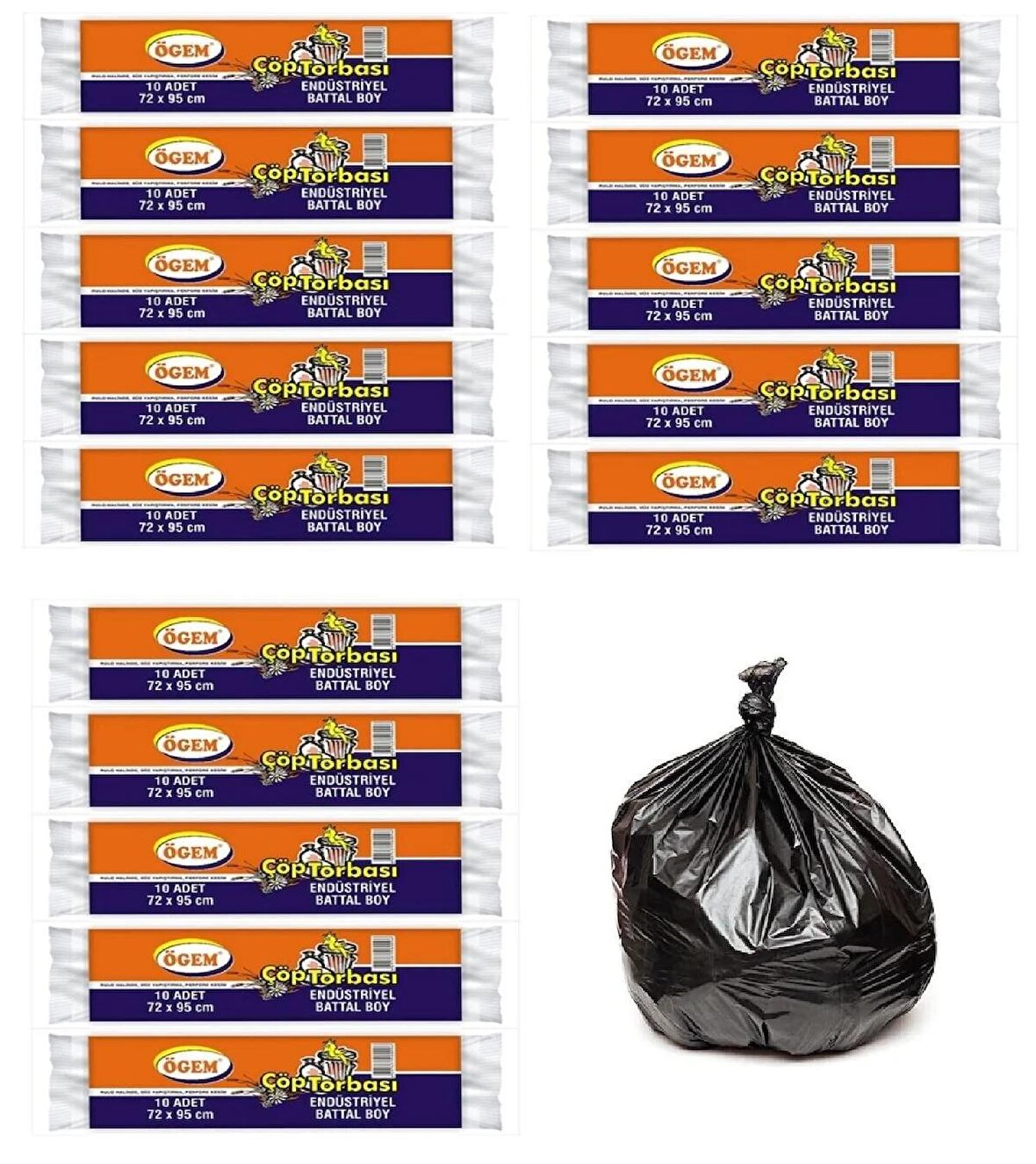 Ögem Endüstriyel Battal Boy Çöp Poşeti 72x95 Cm 10'lu Rulo 15 Paket Siyah
