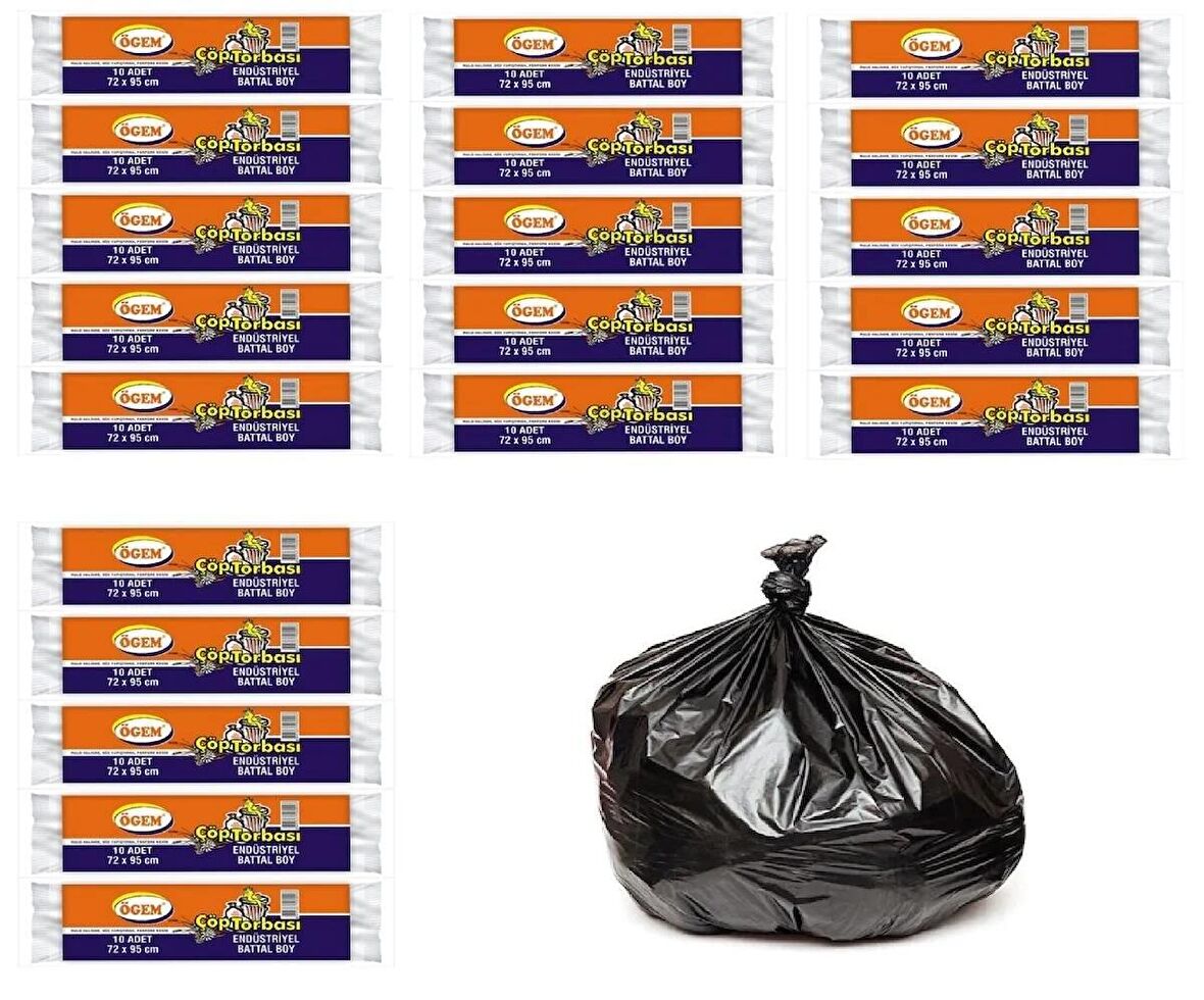 Ögem Endüstriyel Battal Boy Çöp Poşeti 72x95 Cm 10'lu Rulo 20 Paket Siyah