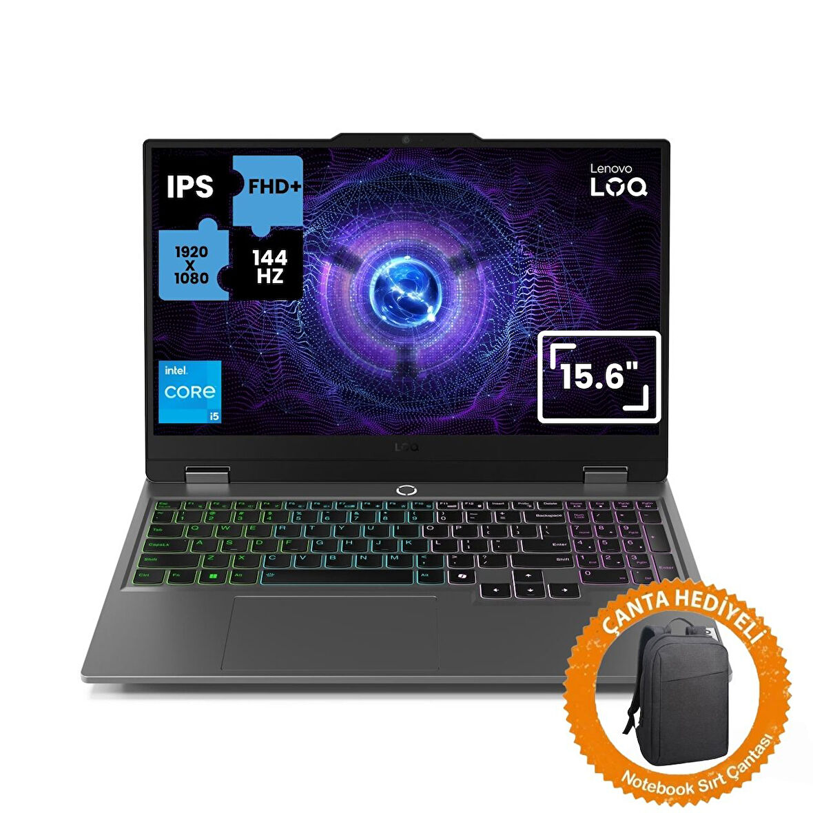 Lenovo LOQ 15IAX9IC58 İntel Core İ5 12450HX 16GB 512GB SSD Arc A530M Freedos 15.6" FHD 144Hz IPS Taşınabilir Bilgisayar +Çanta 83FQ000UTRC58