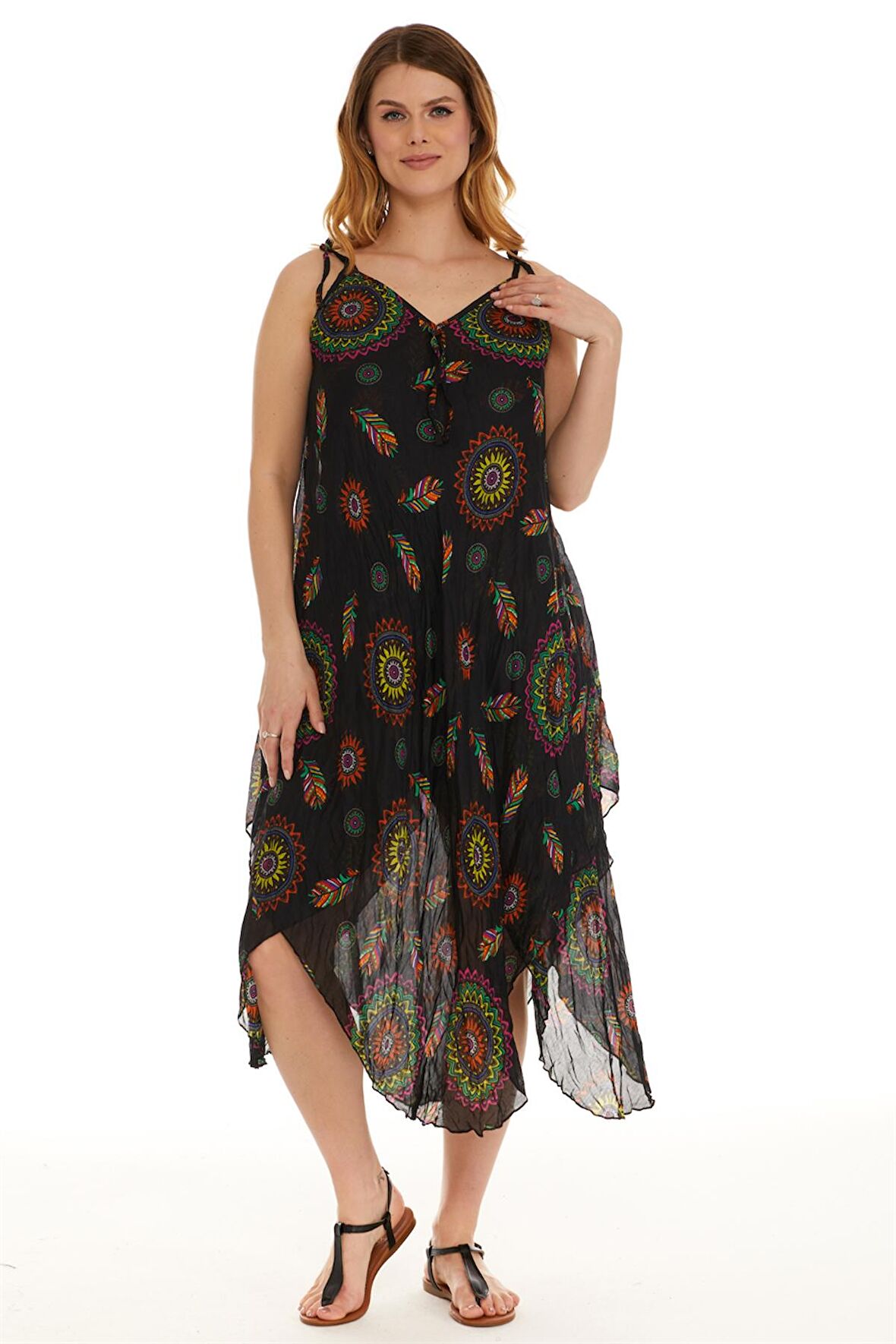 Askılı Vual Siyah Kısa Elbise 6198