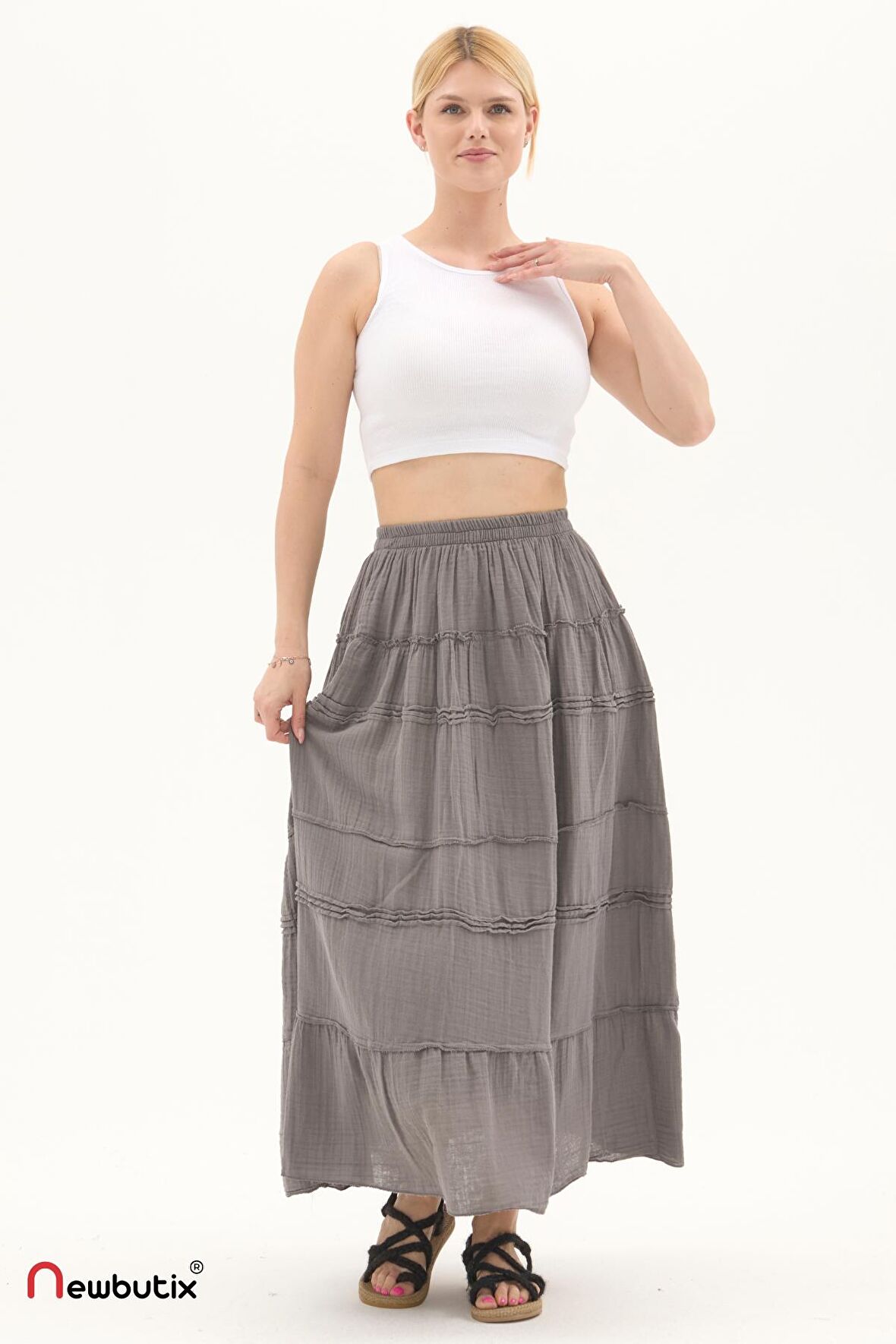 Gri Müslin Uzun Yazlık Etek