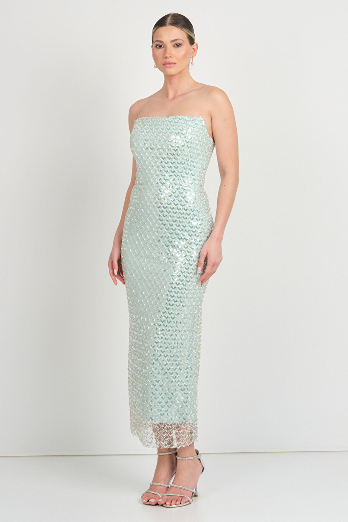 Renk Kadın File Desenli Full Taş İşlemeli Bilek Boy Abiye Elbise 5275 Mint