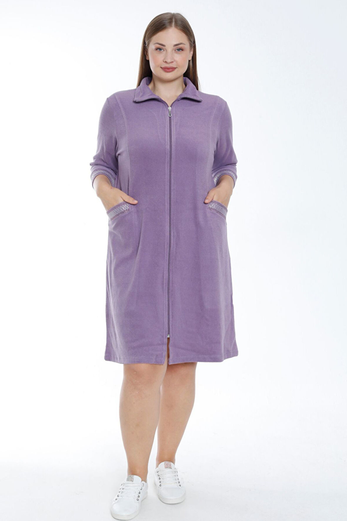 Kadın Turkuaz Truvakar Kollu Taş Detaylı Cepli Pamuklu Havlu Büyük Beden Elbise