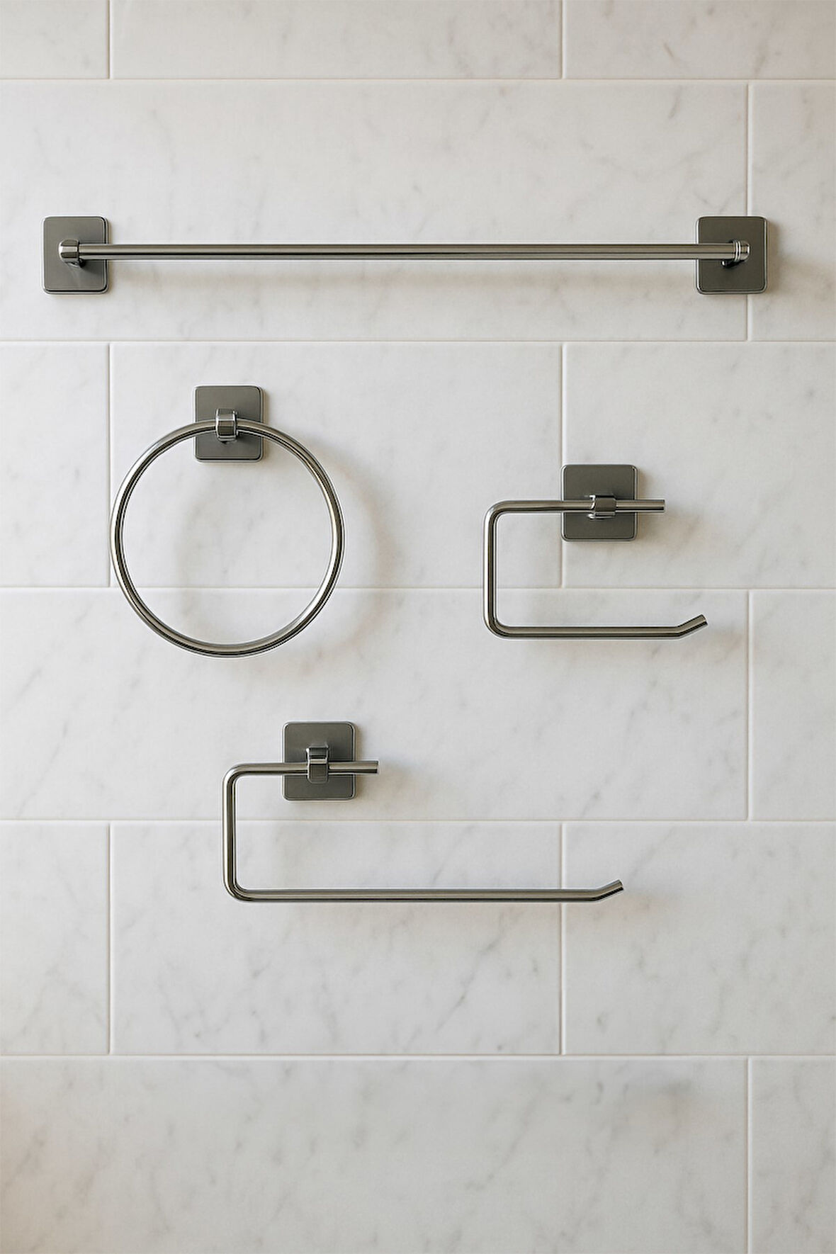 Yapışkanlı Krom 4’lü Banyo & Mutfak Havluluk Seti – WC Kağıtlık, Rulo, Çember & Uzun Havlu Askısı