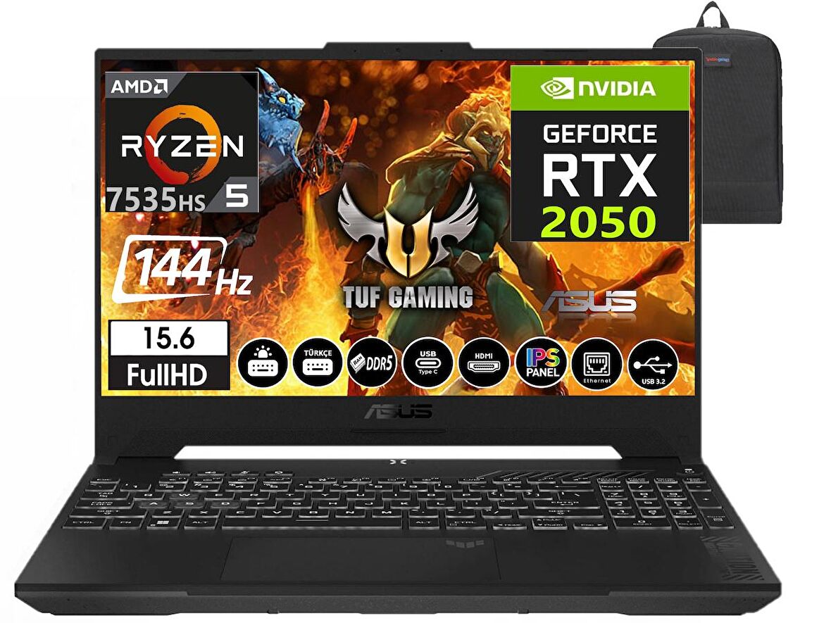 ASUS TUF GAMING A15 Amd Ryzen 5 7535HS 64GB DDR5 RAM 2TB SSD RTX2050-144Hz Freedos 15.6" Fhd Taşınabilir Bilgisayar FA506NF-HN05011+WeblegelsinÇanta