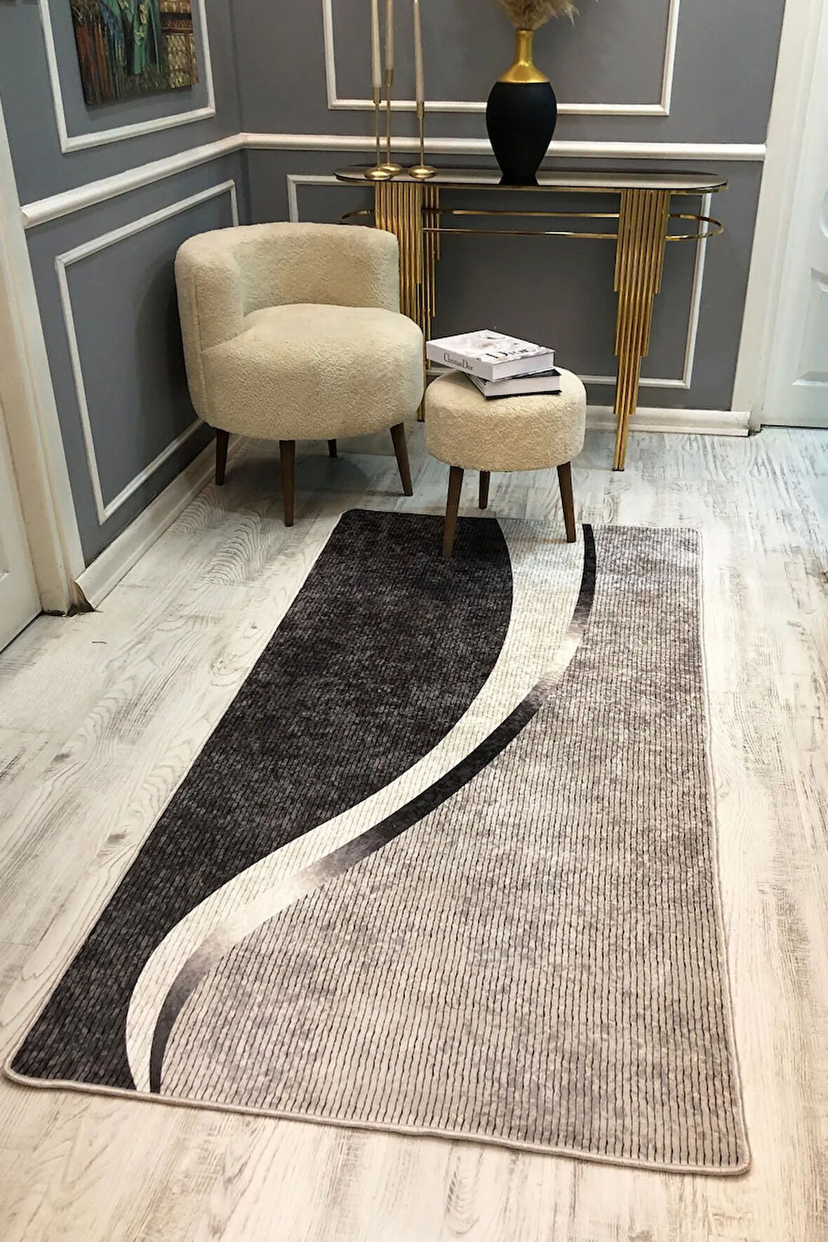 Kaymaz Taban Yıkanabilir Gri Modern Desen Vintage Halı