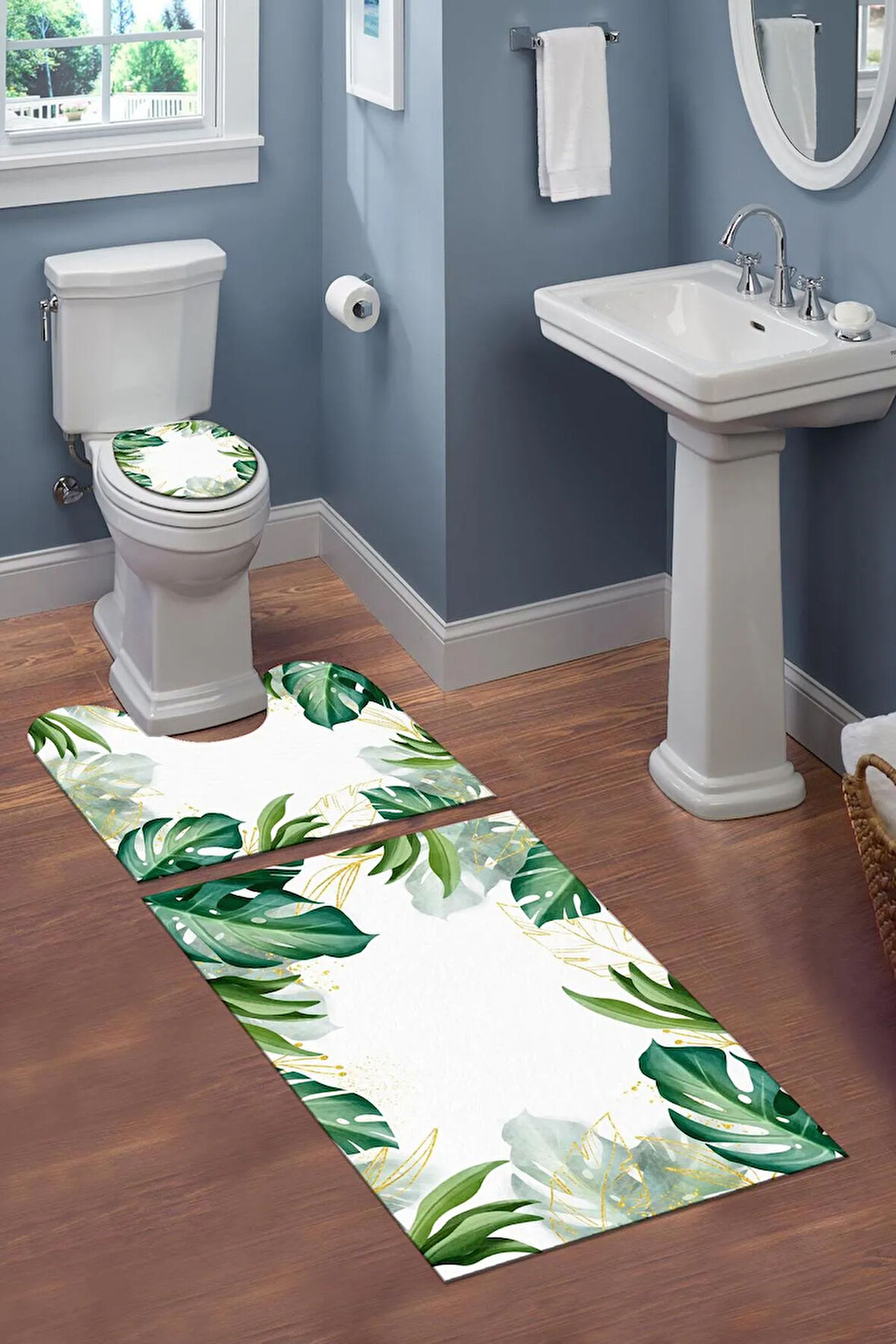 Yıkanabilir Kaymaz Tabanlı Dekoratif Yaprak Desenli 3 Lü Klozet Takımı Banyo Paspas Seti