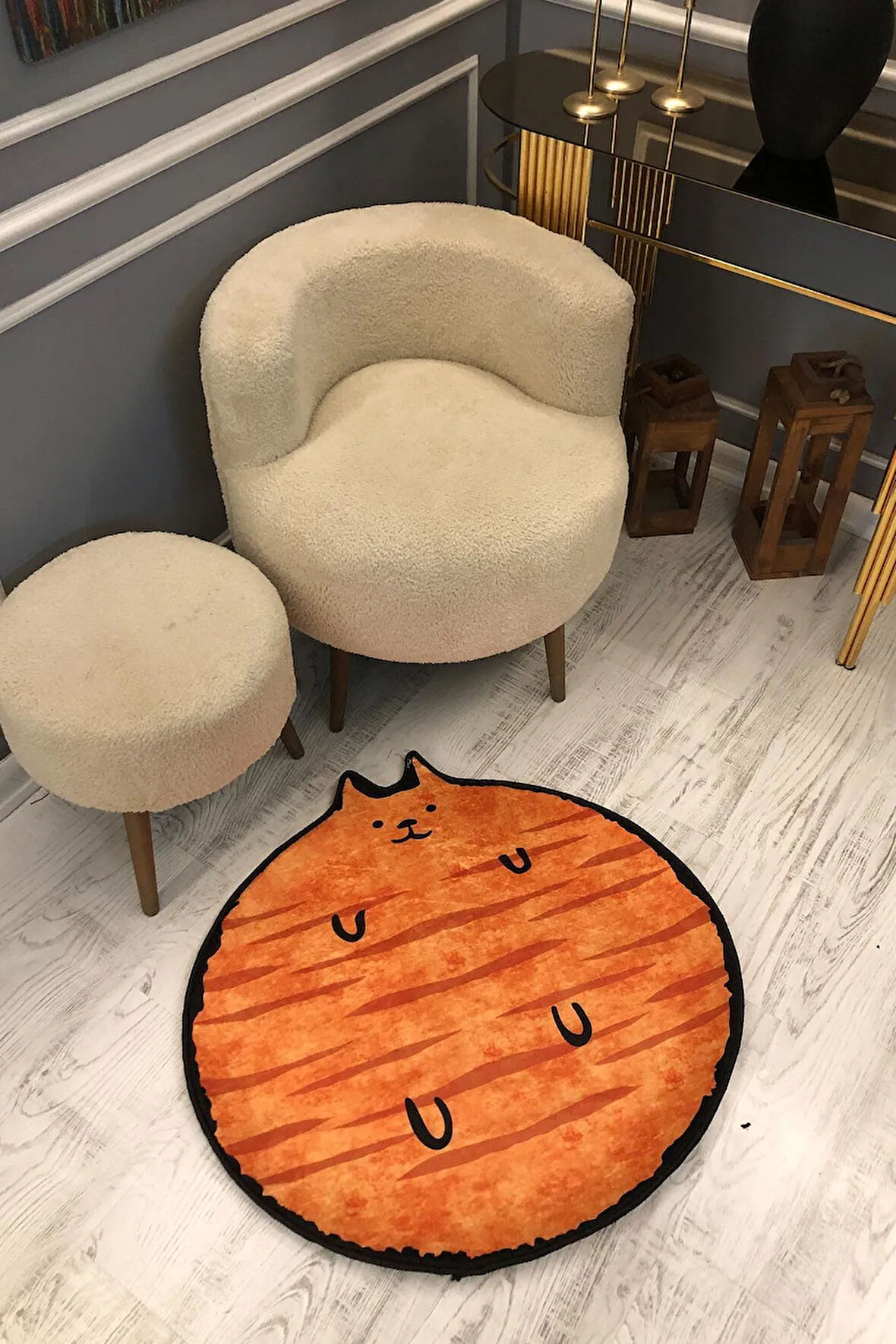 Dijital Baskı Kaymaz Taban Yıkanabilir Turuncu Kedi Desenli Yuvarlak Çocuk Halısı