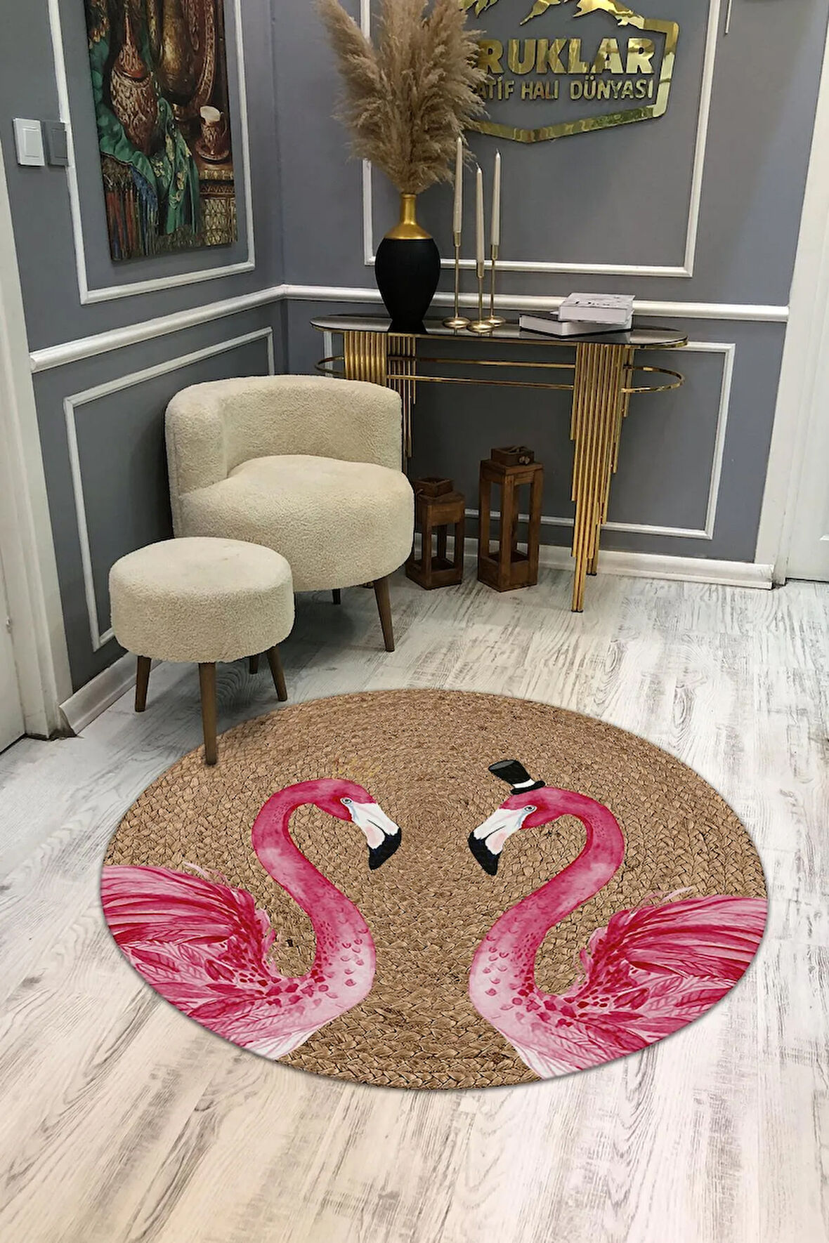 Flamingo Desenli Dijital Baskı Kaymaz Taban Yıkanabilir Yuvarlak Halı