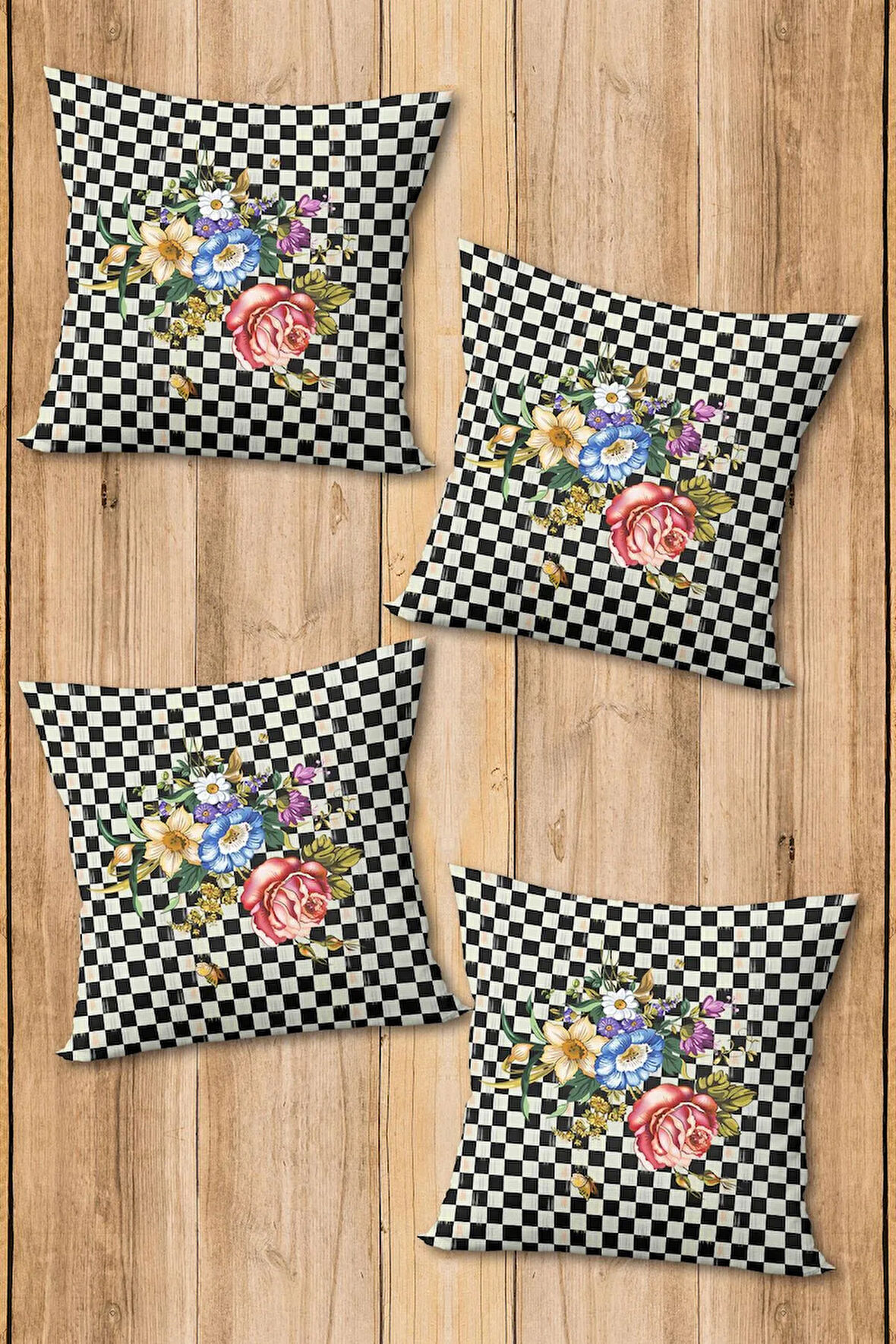 Çift Taraf Baskılı Parlak Kadife Kumaş  Modern Desen 4 adet Kırlent Kılıf Seti
