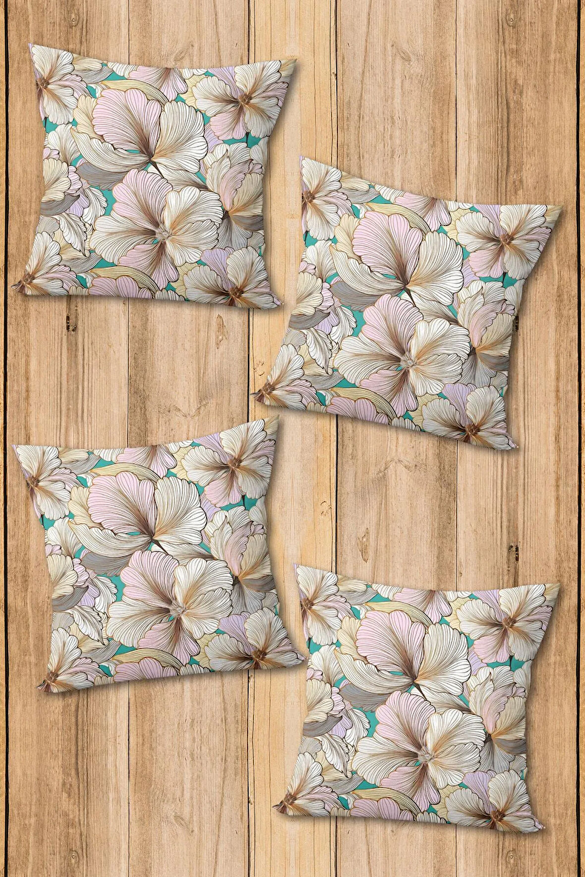Çift Taraf Baskılı Parlak Kadife Kumaş  Modern Desen 4 adet Kırlent Kılıf Seti