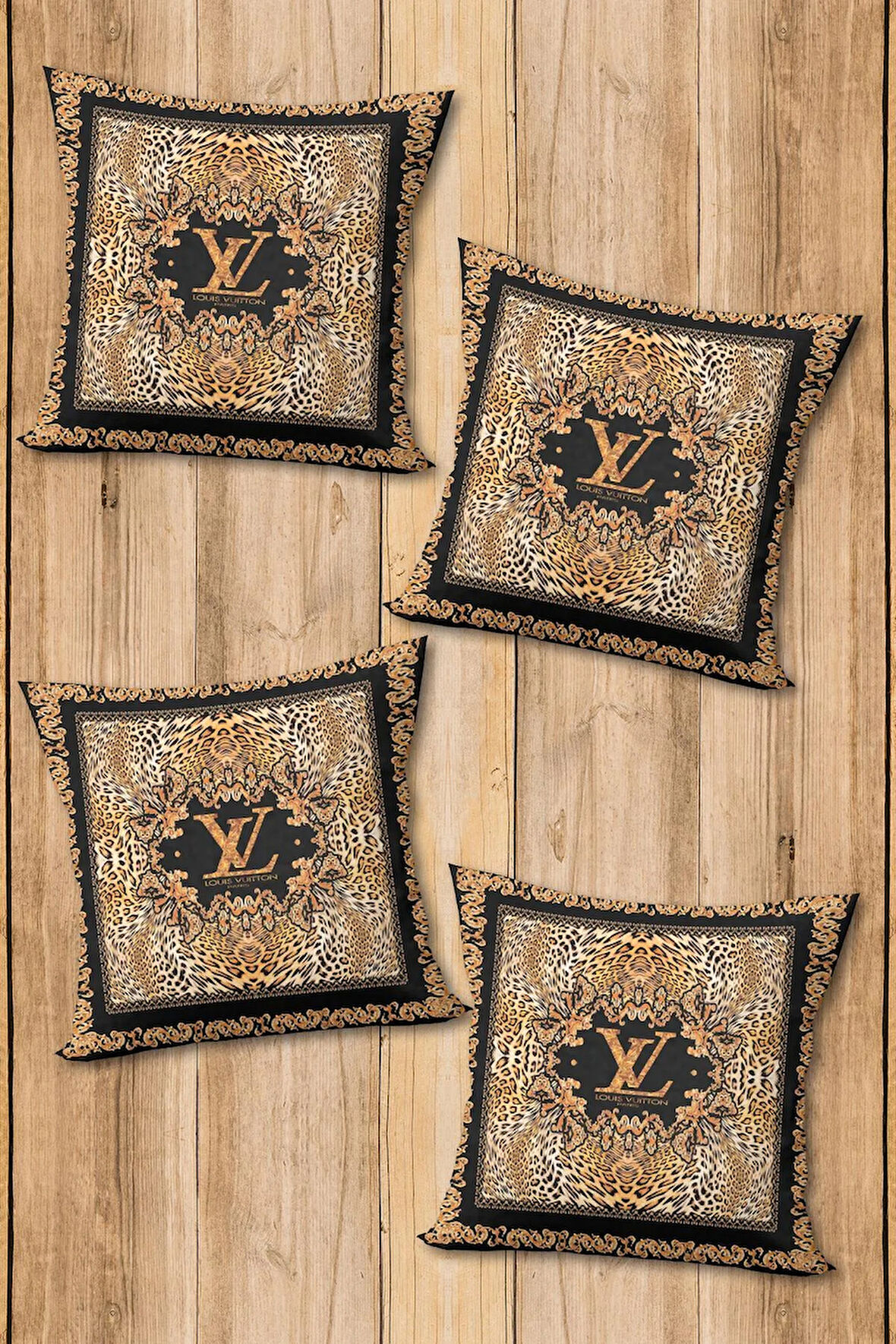 Çift Taraf Baskılı Parlak Kadife Kumaş  Modern Desen 4 adet Kırlent Kılıf Seti