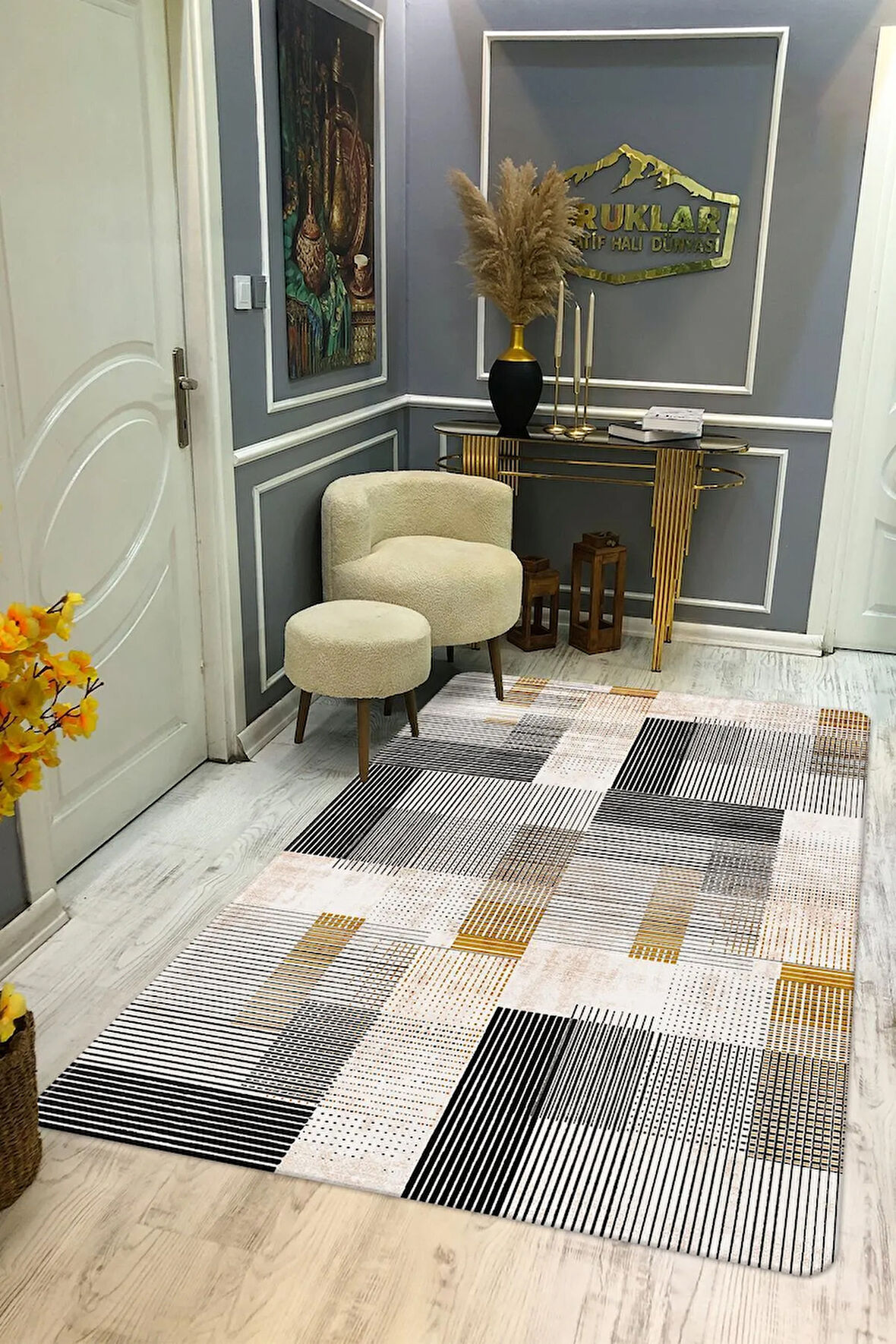 Kaymaz Taban Yıkanabilir Dijital Baskı Geometrik Desenli Halı