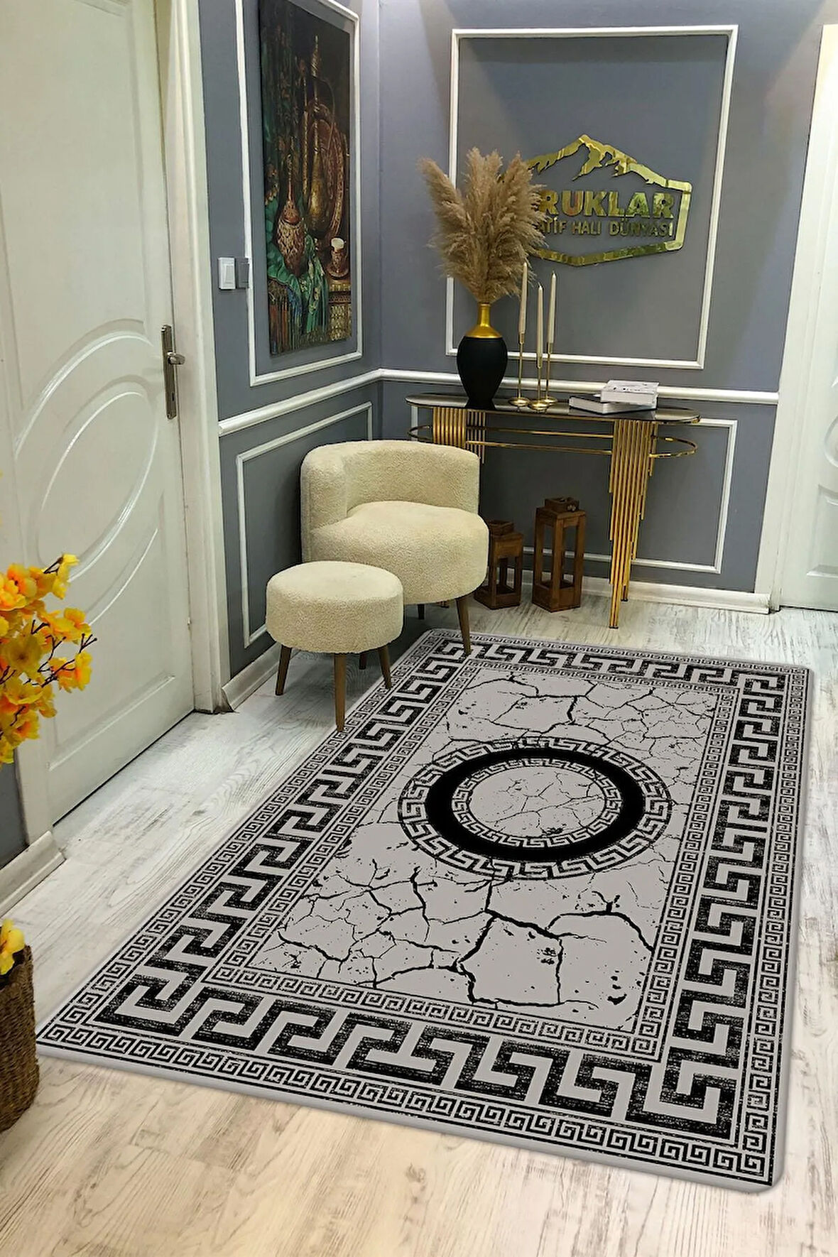 Kaymaz Taban Yıkanabilir Dijital Baskı Çerçeveli Mermer Desenli Halı