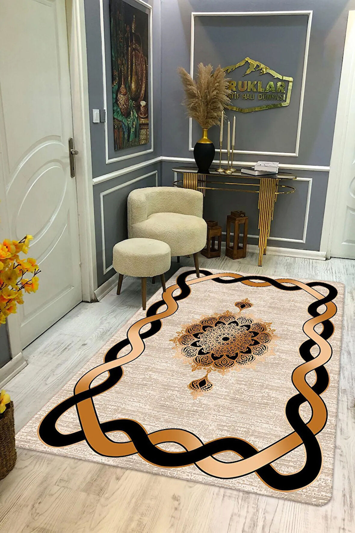 Kaymaz Taban Yıkanabilir Dijital Baskı Çizgili Ortası Desenli Halı