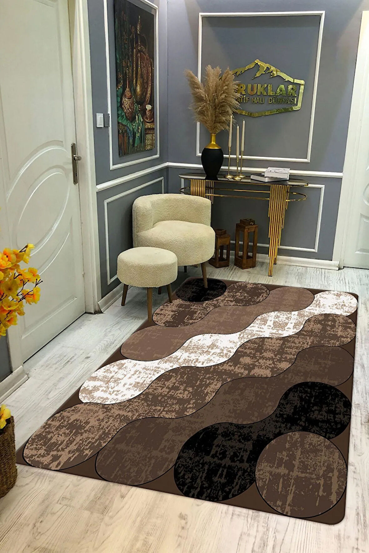Kaymaz Taban Yıkanabilir Dijital Baskı Geometrik Desenli Halı