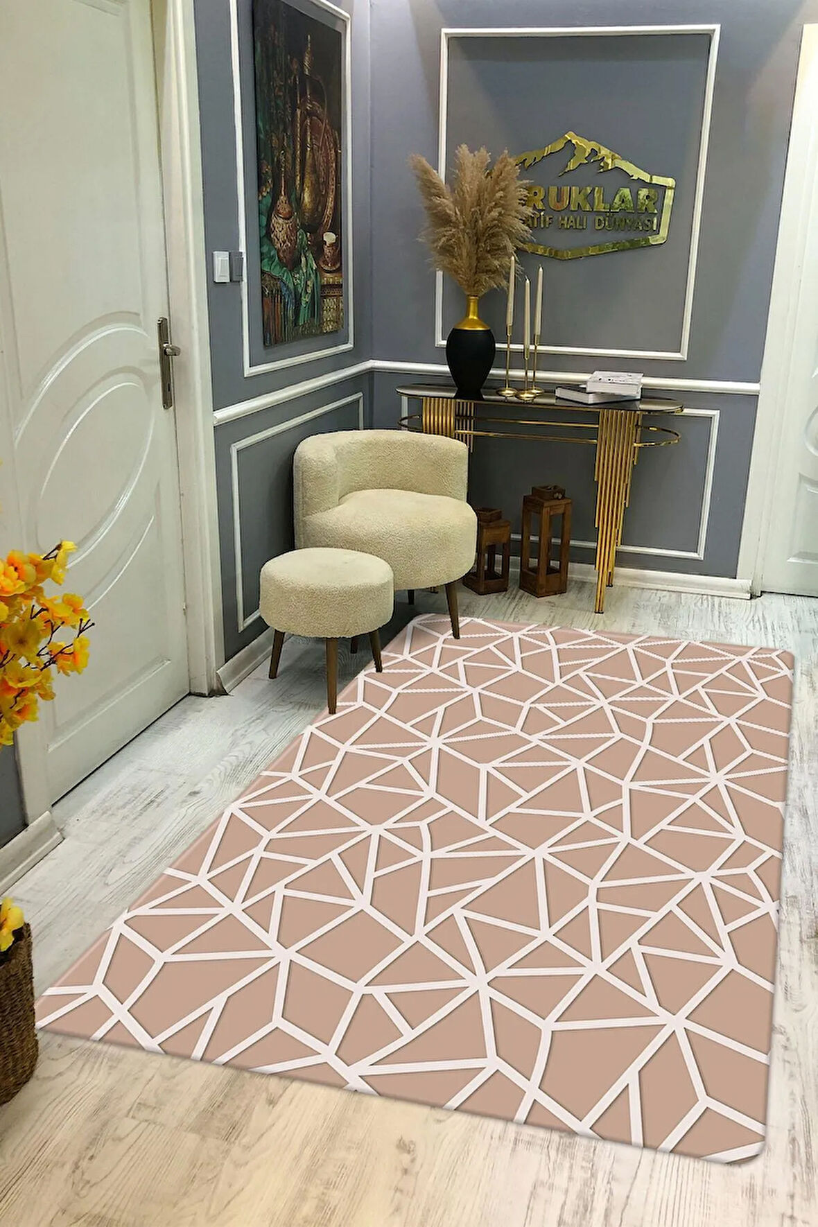 Kaymaz Taban Yıkanabilir Dijital Baskı Geometrik Örüntü Desenli Halı