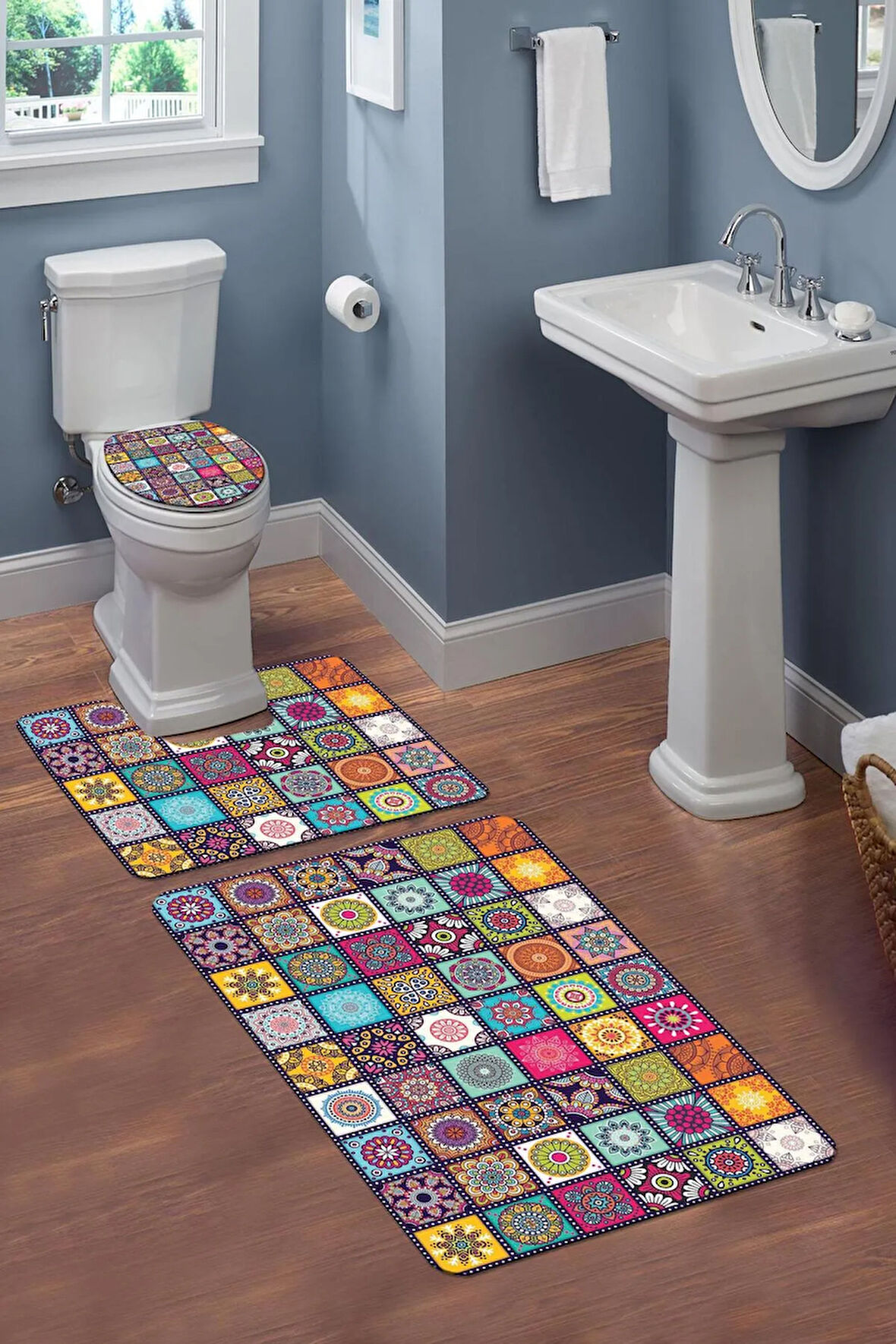 Yıkanabilir Kaymaz Dot Tabanlı Dekoratif Desenli 3'lü Klozet Takımı Banyo Paspas Seti