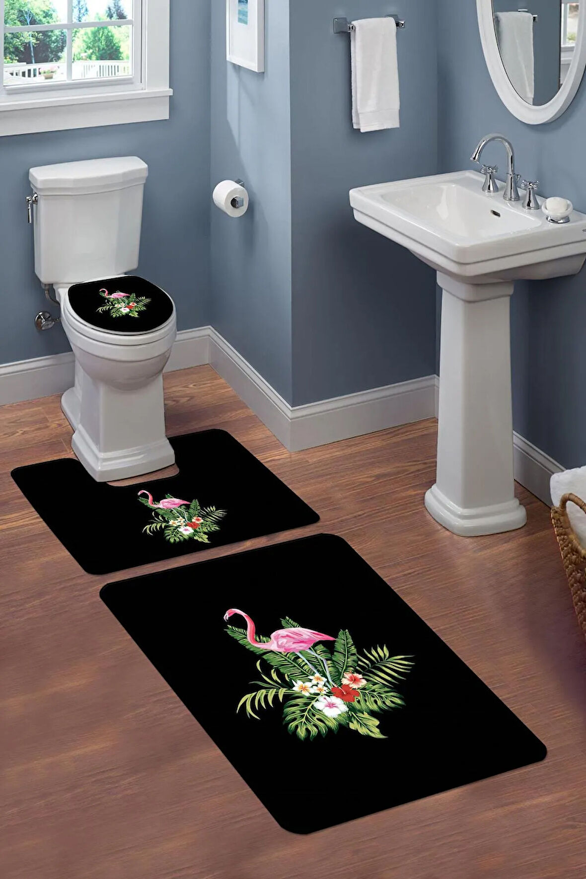 Yıkanabilir Kaymaz Dot Tabanlı Dekoratif Desenli 3'lü Klozet Takımı Banyo Paspas Seti