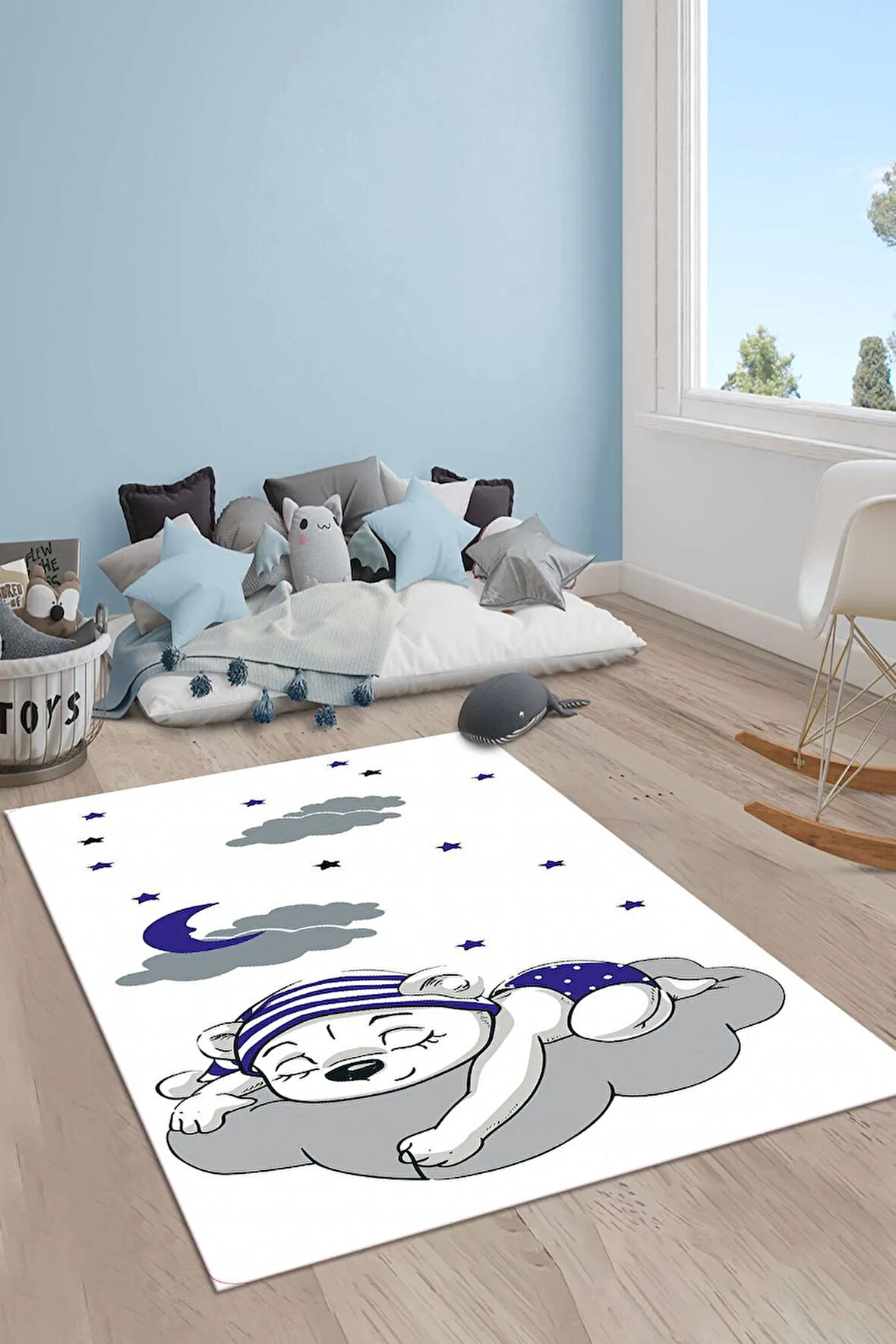 Kaymaz Taban Makinede Yıkanabilir Uyuyan Ayı Desenli Çocuk Halısı