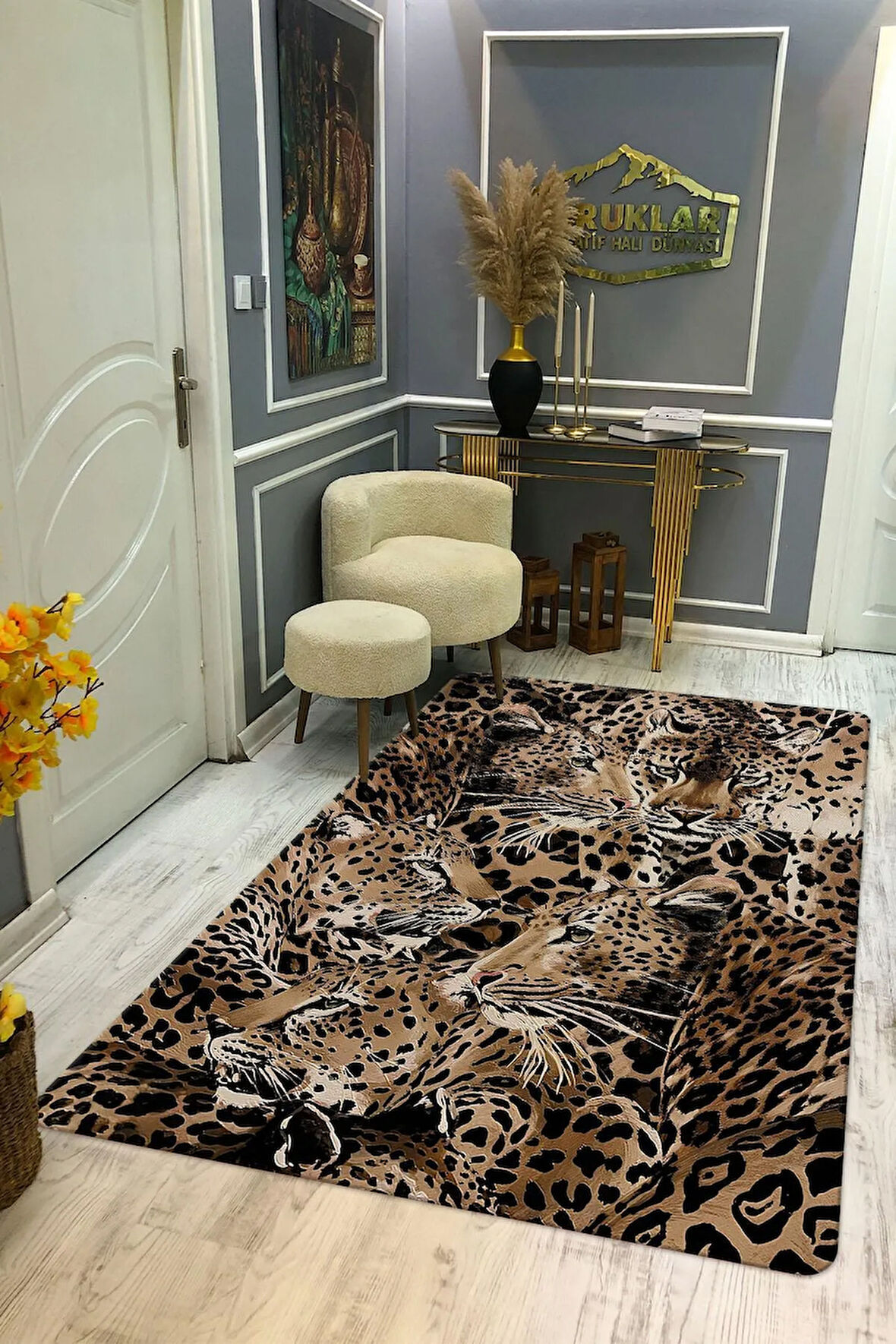 Kaymaz Taban Yıkanabilir Leopar Desenli Dijital Baskı Modern Desenli Halı