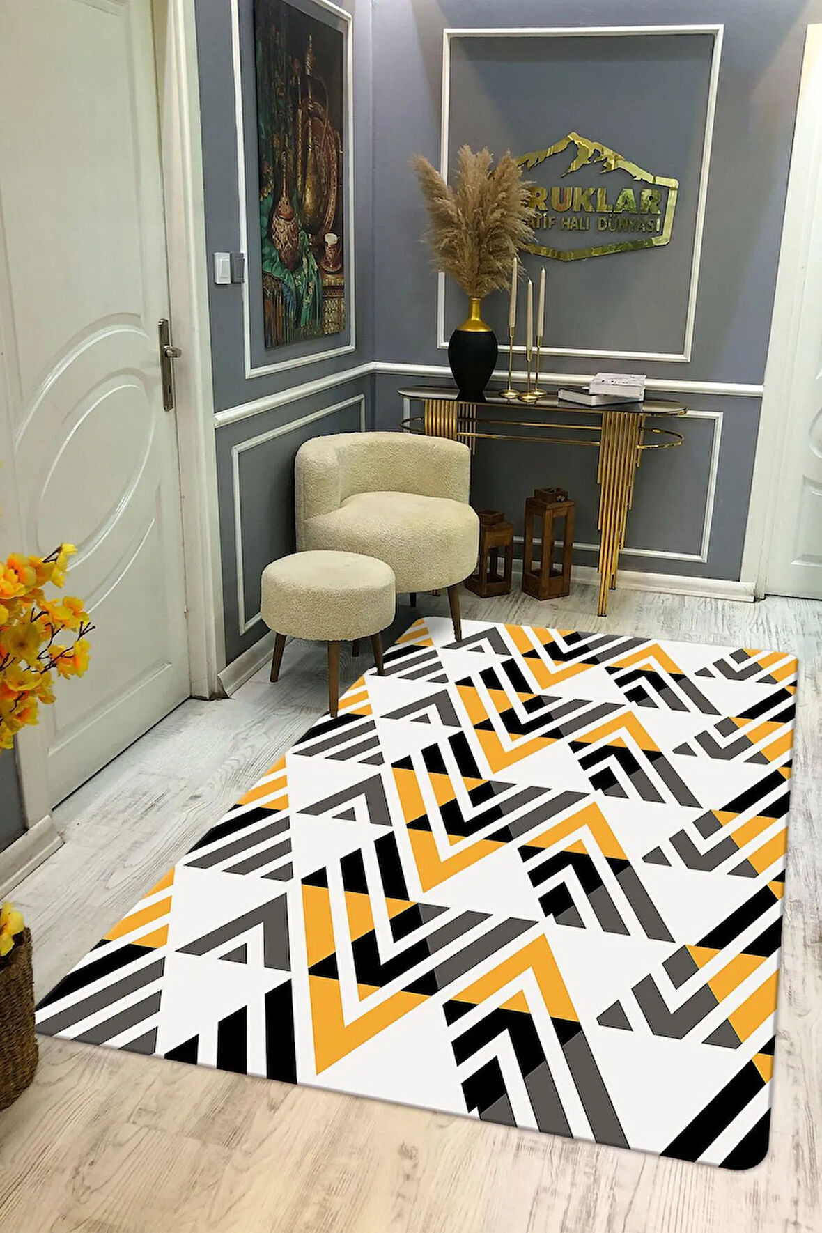Kaymaz Taban Yıkanabilir Geometrik Desenli Dijital Baskı Modern Desenli Halı