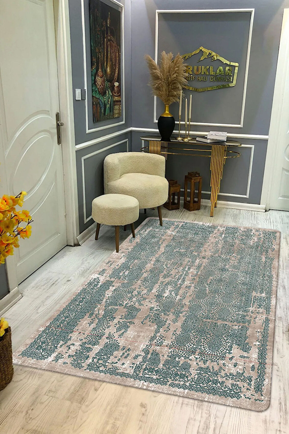 Kaymaz Taban Yıkanabilir Dijital Baskı Krem Yeşil Eskitme Desenli Halı
